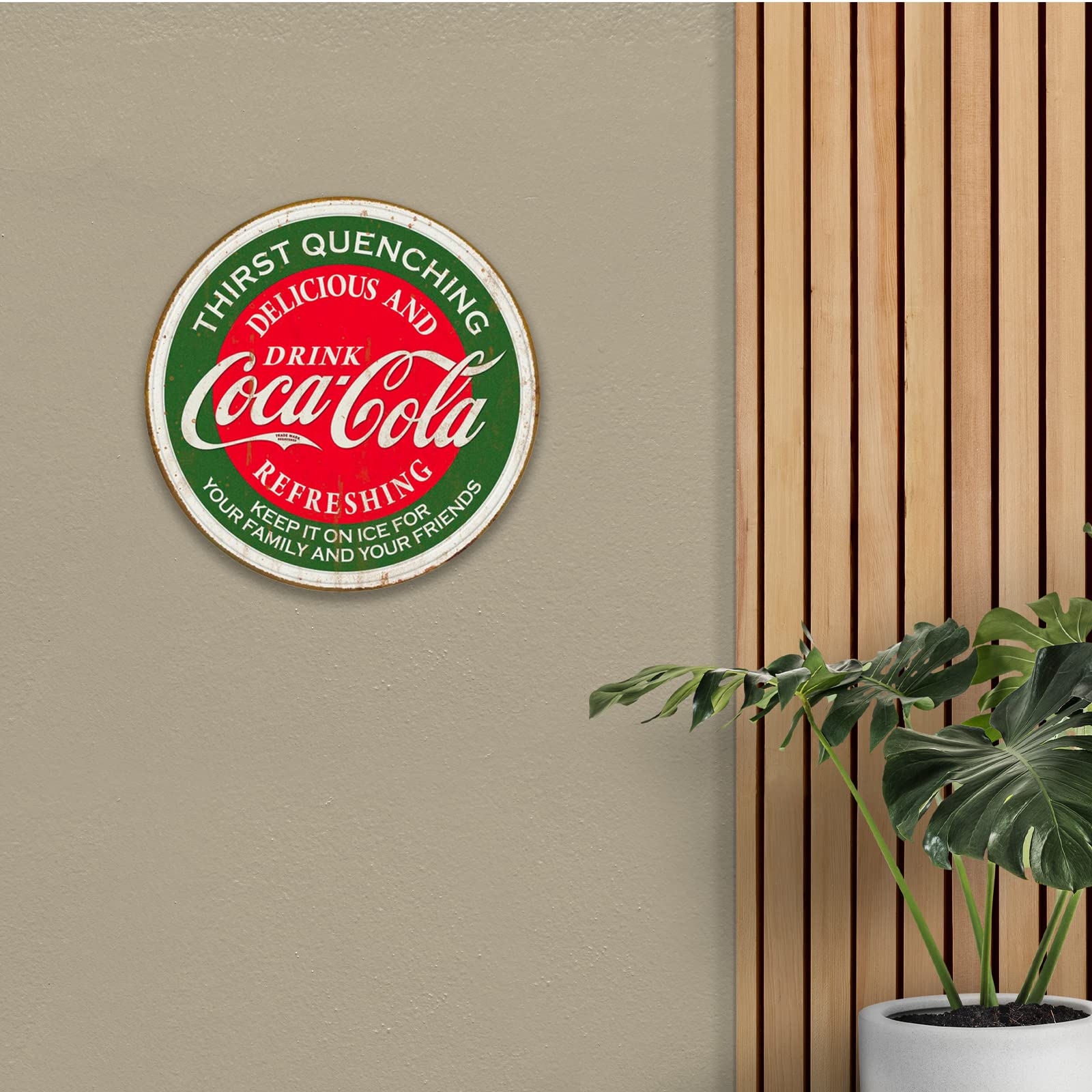 Desperate Enterprises Drink Coca-Cola Thirst Quenching Round Aluminum Sign with Embossed Edge - Nostalgic Vintage Metal Wall Decor - Made in USA