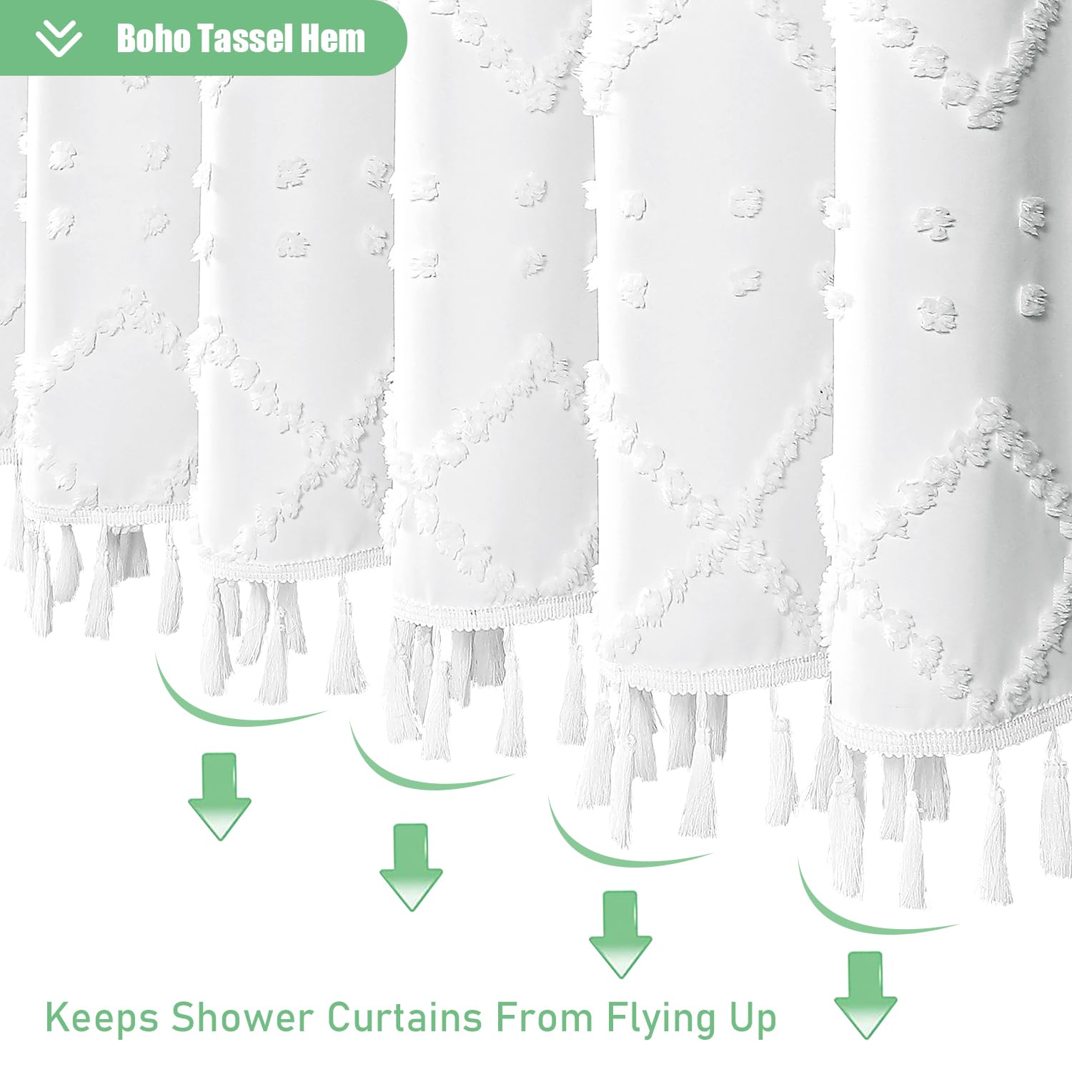 Dynamene Extra Long Shower Curtains, 84 Inches Long Boho Tufted Geometric Striped Fabric Shower Curtains For Bathroom, Tall Shab