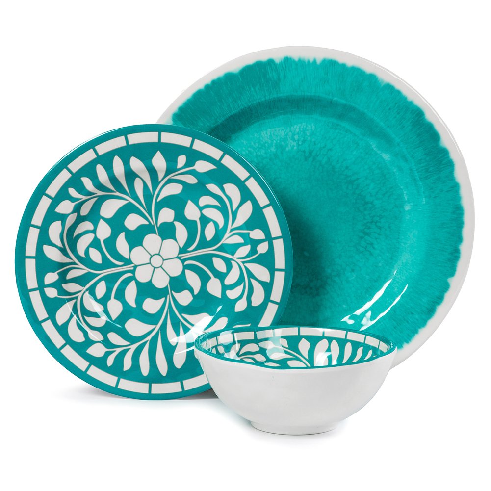 Yinshine Melamine Dinnerware Sets -12 Piece Plates and Bowls Set for Indoor and Outdoor Use, Lightweight,Teal color,Green