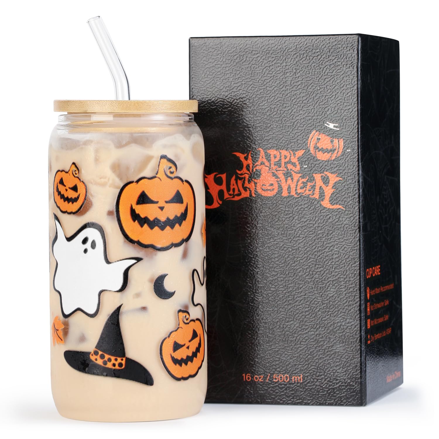 Halloween Pumpkin Ghost Glass Cup with Lids and Straws, 16 oz Glass Tumbler, Spooky Iced Coffee Mug for Smoothie, Cute Halloween