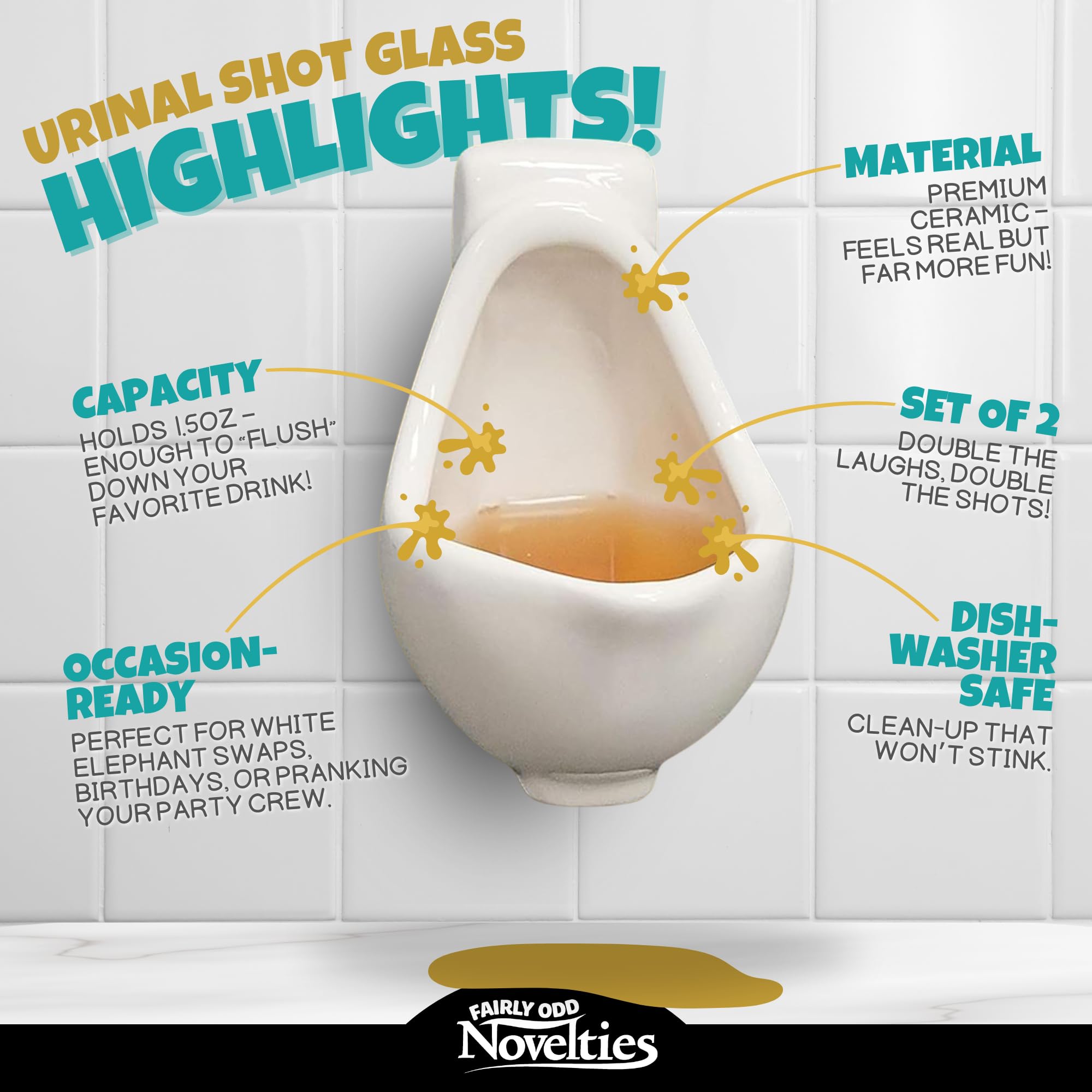 Fairly Odd Novelties Urinal Shot Glasses, Set Of 2 Funny Bathroom Humor Gag White Elephant Gift, 1.5-Ounce