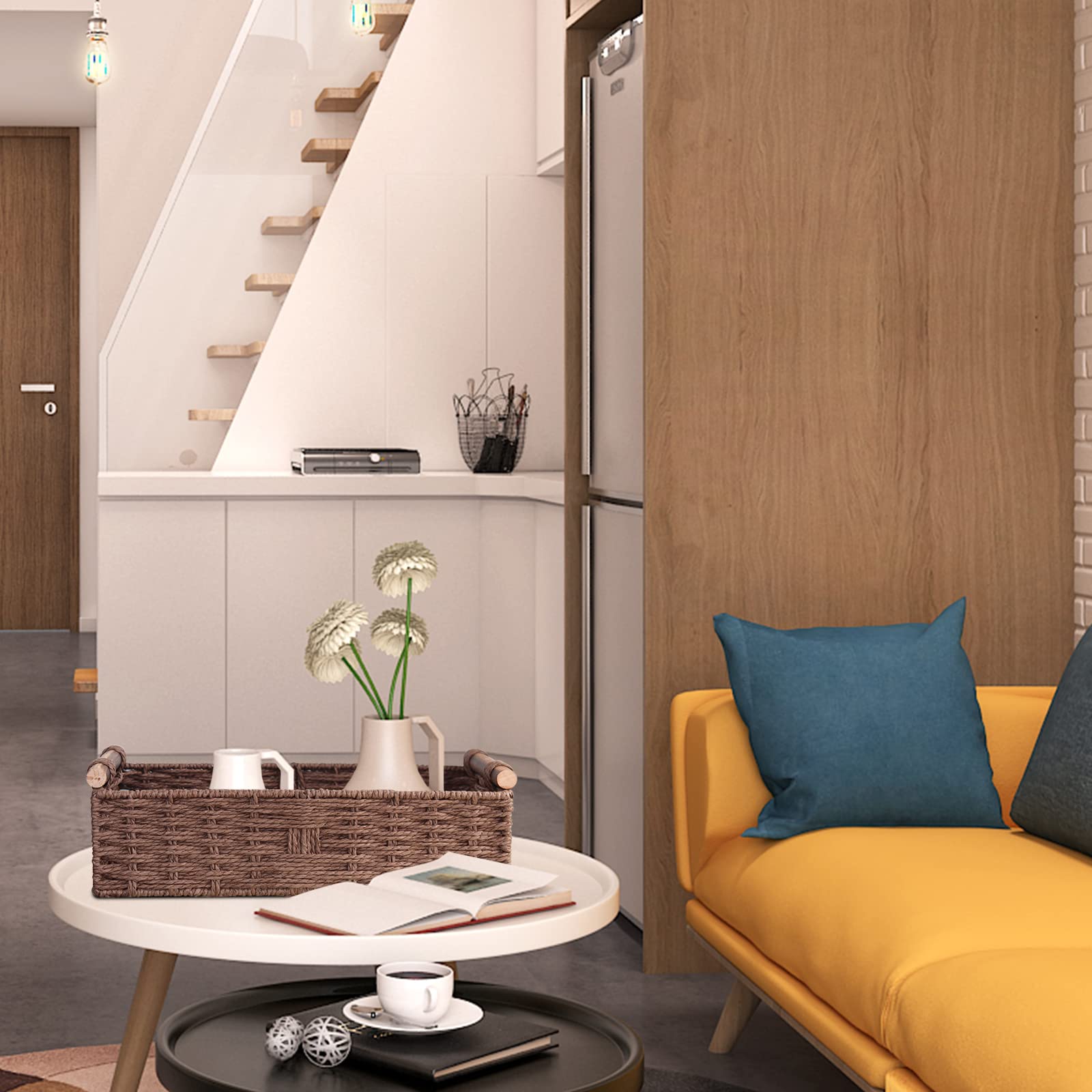 Round Paper Rope Storage Basket Wicker for Organizing with Handle  Decorative Bins Countertop Toilet Paper for Tank Top Small Set  Brown
