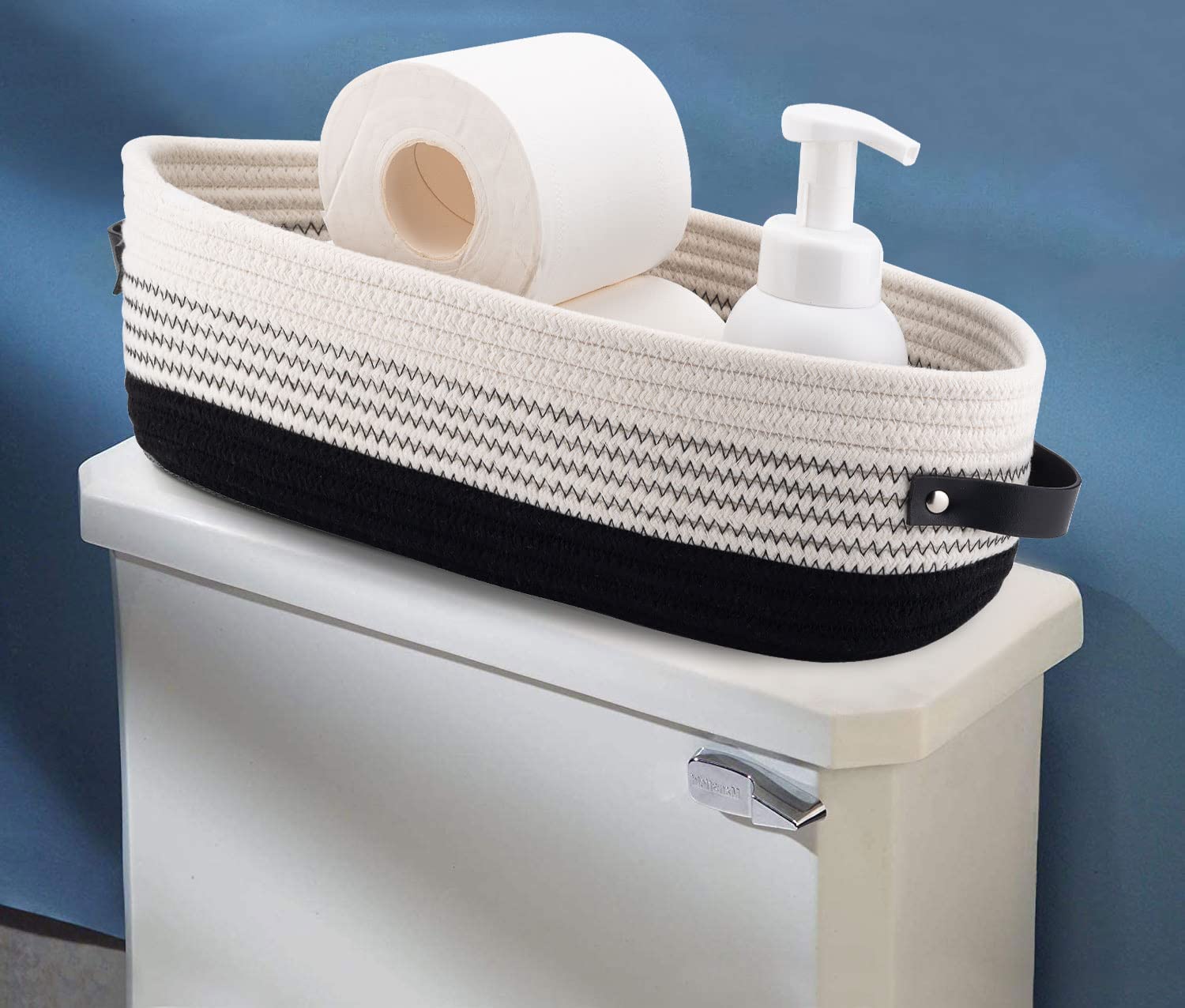 Oradrem Cotton Rope Toilet Basket Bathroom Decor Baskets  Toilet Paper Holder Basket  Farmhouse Home Decor Organizing Small Baskets 13''x5.9''x4'' Black
