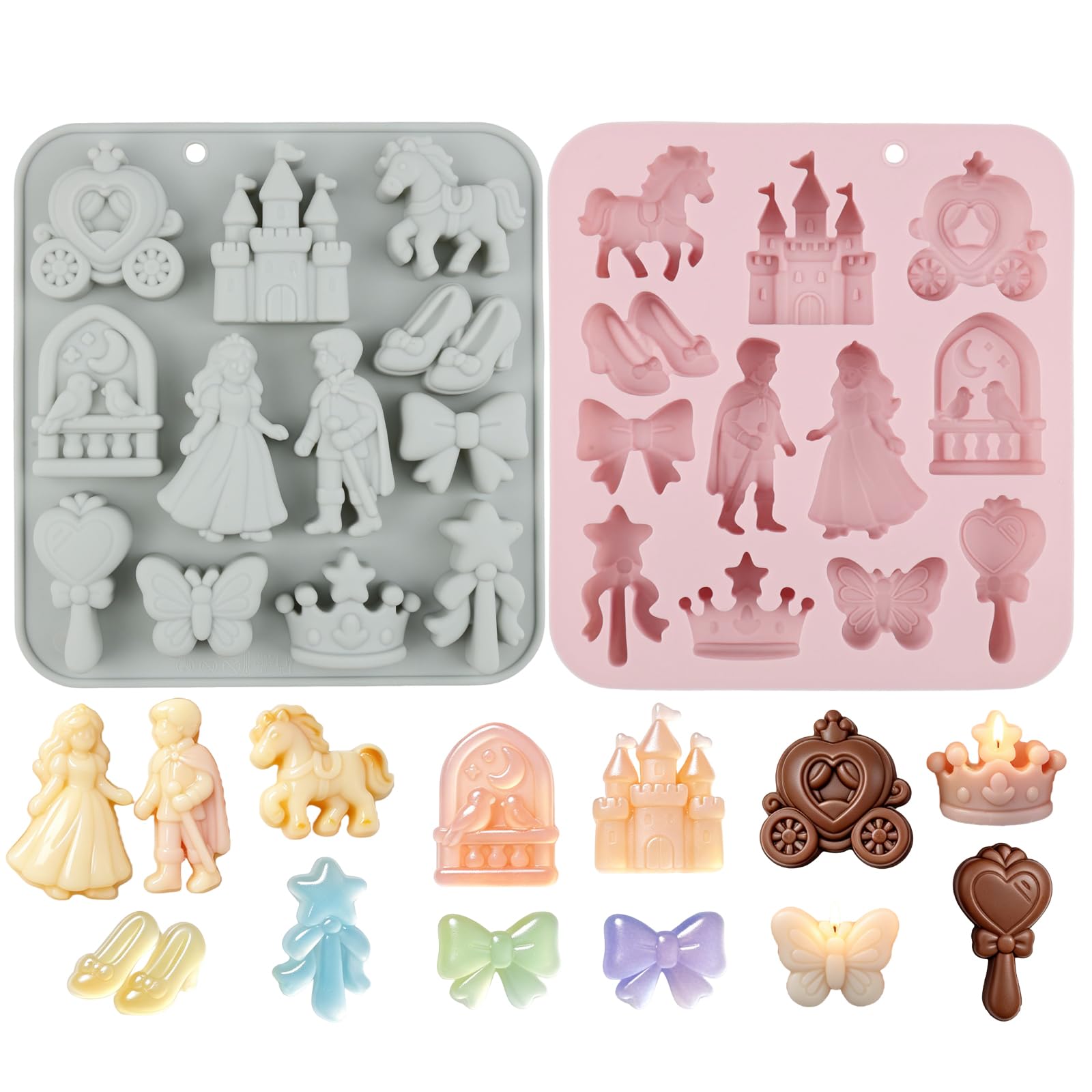 2Pack Fairy Tale Princess Theme Silicone Molds, 12Cavity 3D Castle Prince Princess Crystal Shoes Carriage Crown Bow Molds Tray