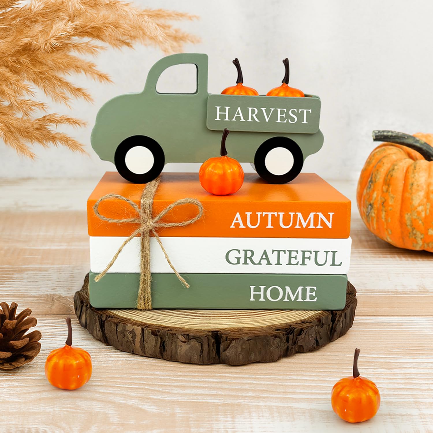 Thanksgiving Decorations for Home Indoor, Wooden Farmhouse Harvest Decor Signs with Book Stack, 3D Truck, 5 Pumpkins for Office 