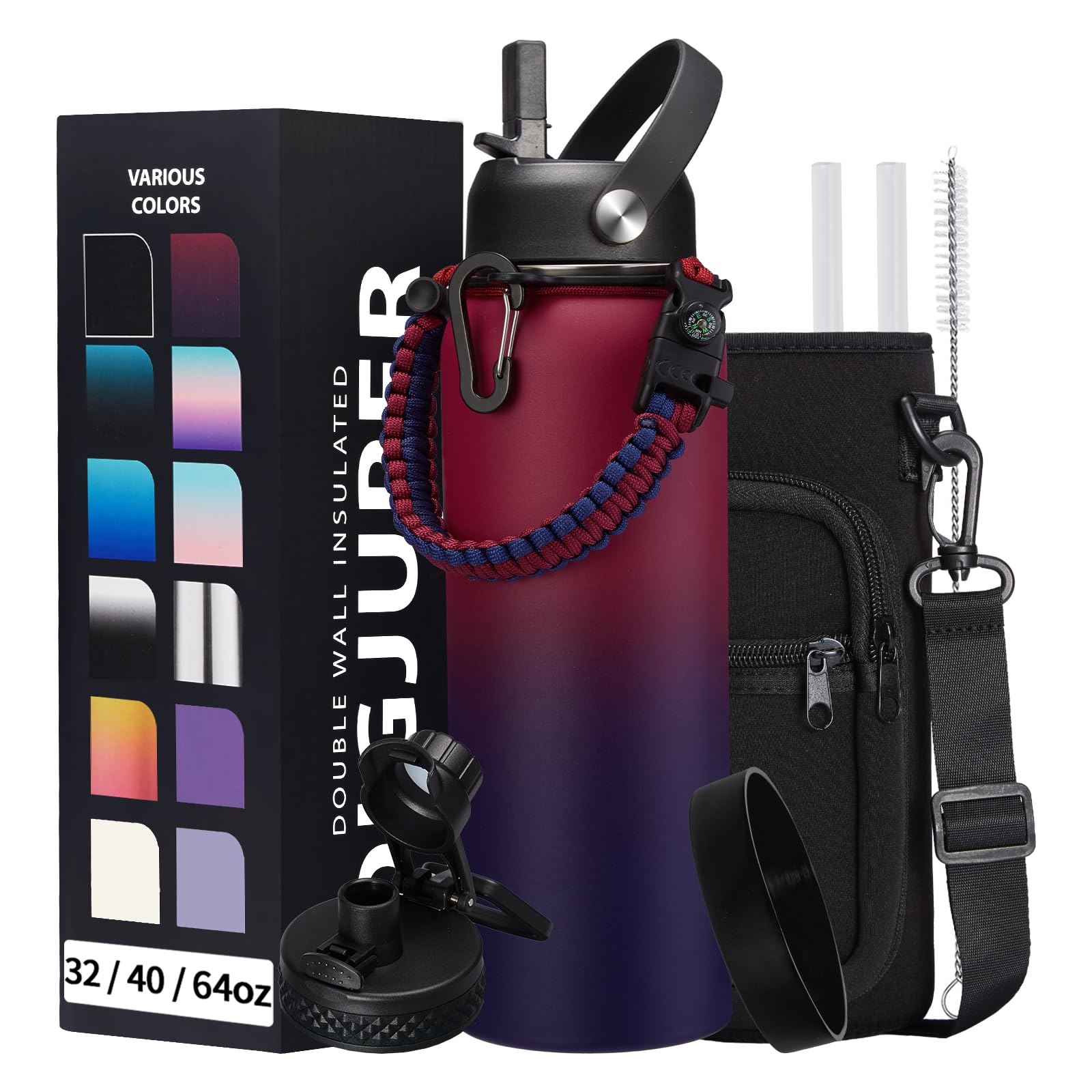 40OZ Stainless-steel Water-Bottle with Straw - Pop-up Spout & Straw Lids  Survival Paracord Handle  Storage Sleeve & Cup Mat  Leak Proof Reusable Insulated Men Women Water Jug for Gym Workout