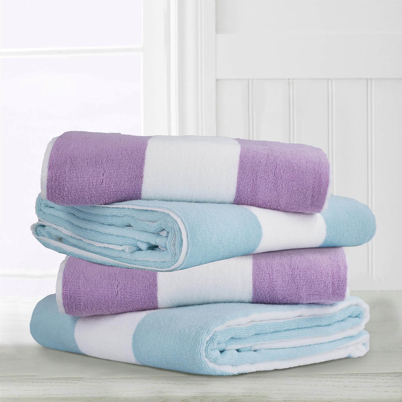 Clowood Plush Oversized Beach Towel - Cotton 40 X 72 Inch Large Thick Purple Striped Cabana Pool Swimming Towel