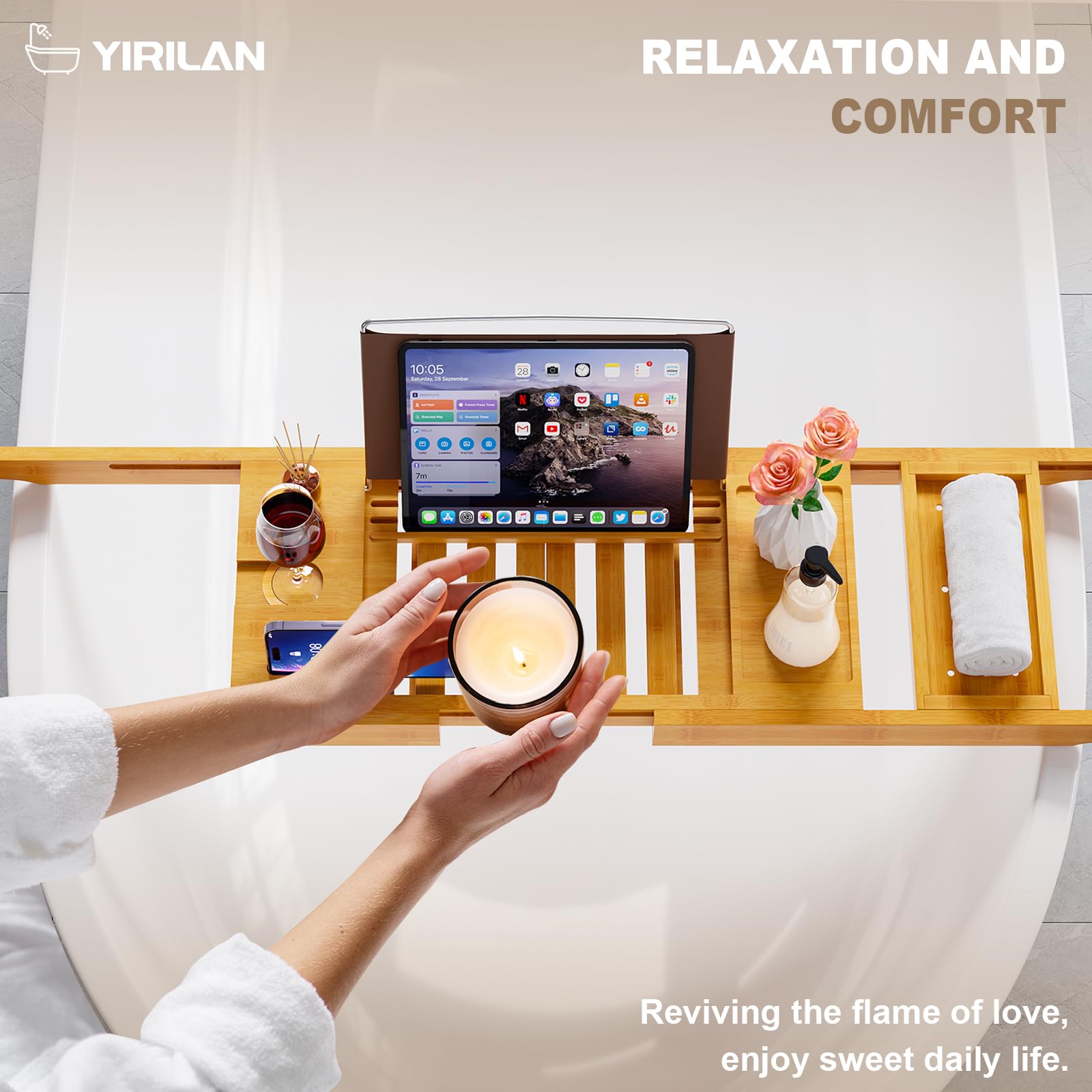 Yirilan Bamboo Bathtub Tray Caddy, Expandable Wooden Bathroom Tray, Luxury Bamboo Bathtub Tray, Bath Tub Table Caddy, Bamboo