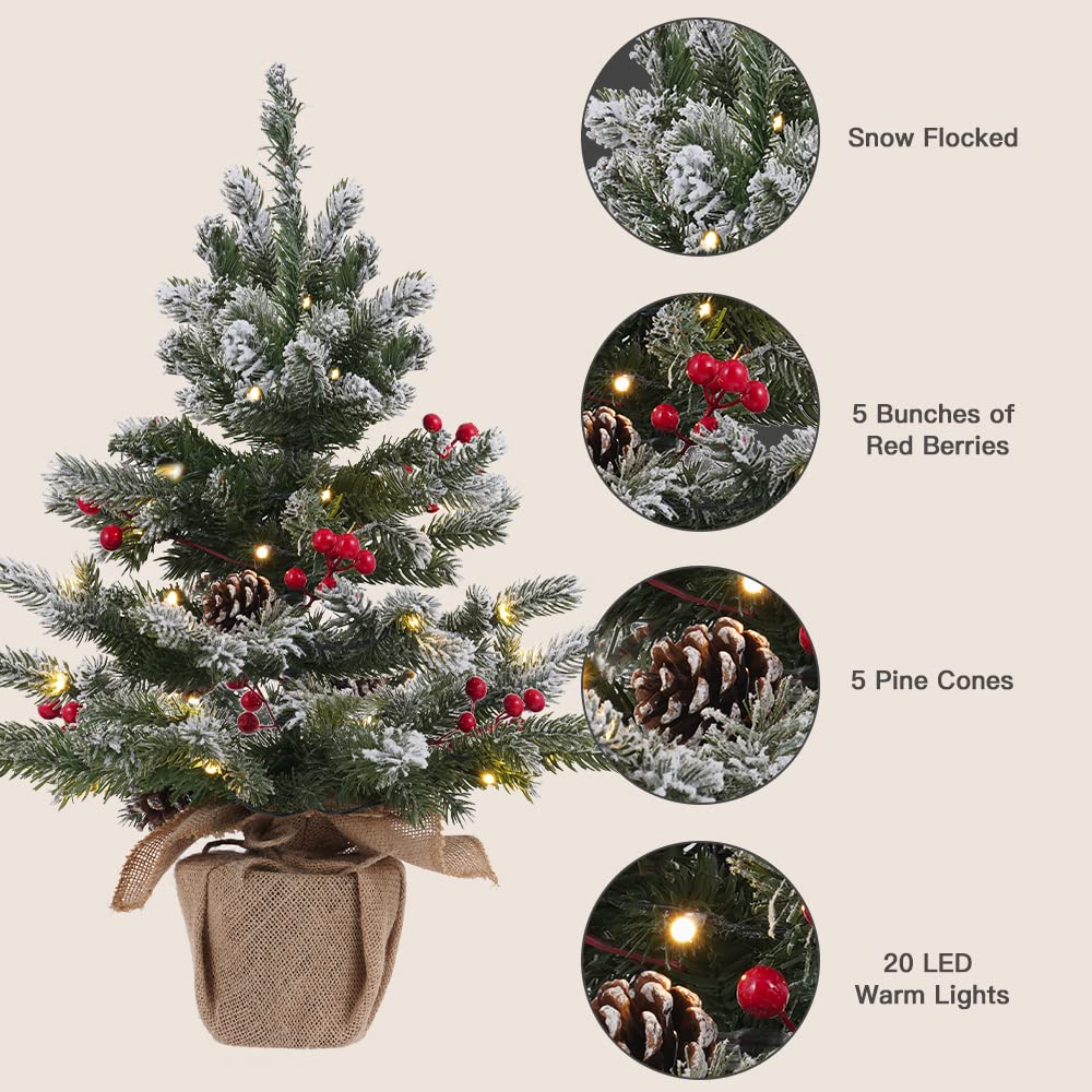 24 Inch 2 FT Pre-lit Snowy Mini Christmas Tree, DECSPAS Small Tabletop Flocked Christmas Tree with 20 LED Lights Red Berries Pin