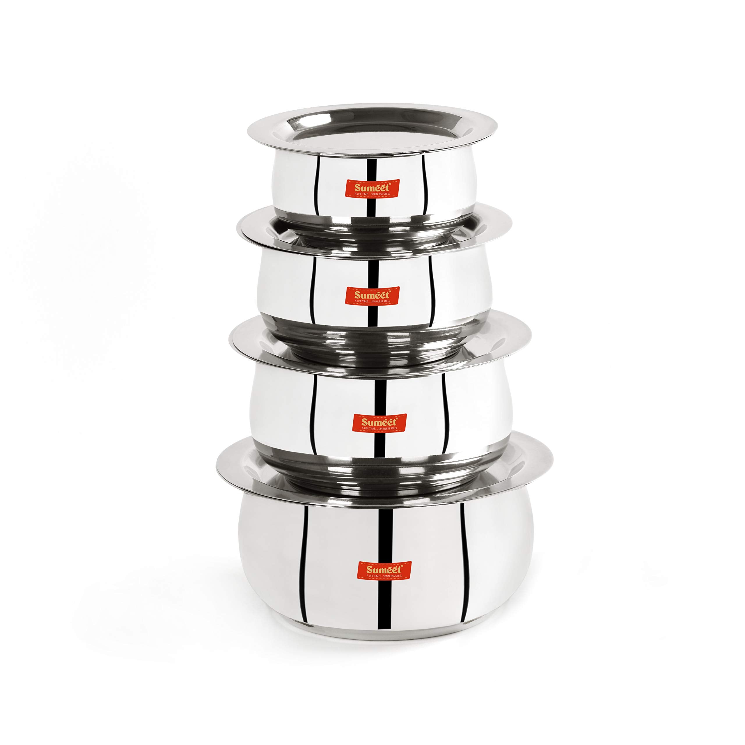 Sumeet Stainless Steel Belly Shape 4 Pc Tope/Cookware/Pot Set with Lid 380ML, 500ML, 780ML, 1.1Ltr, (Silver)