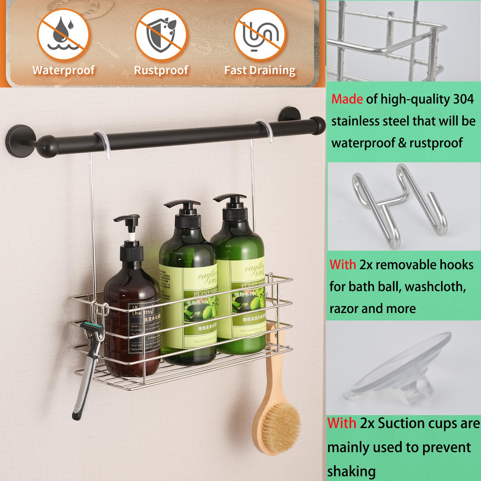 Seltomer Hanging Shower Caddy Shower Rack With Rotatable Hooks Bar Over The Door, Bathroom Hanging Shower Organizer & Shampoo Br