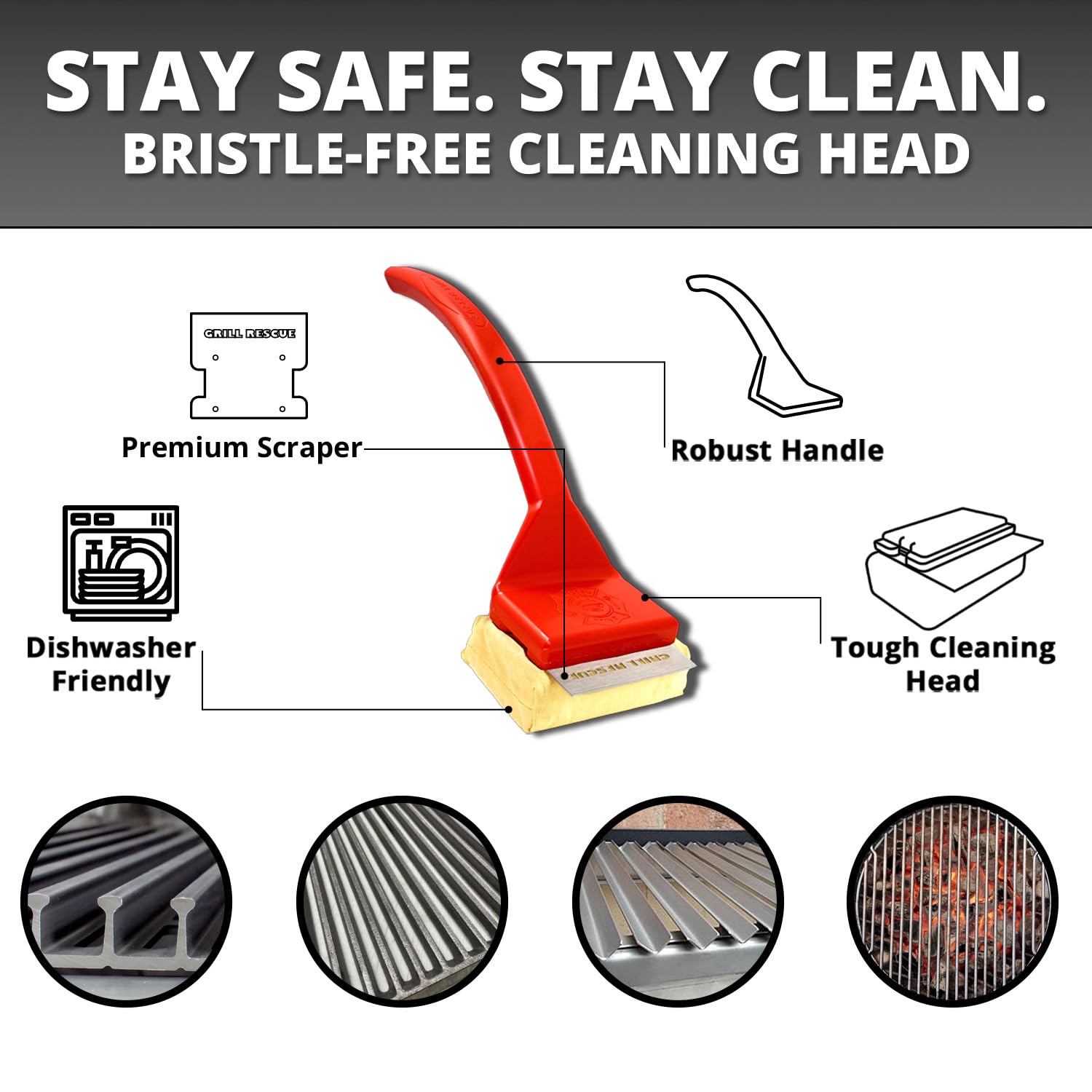 Grill Rescue BBQ Scraper Brush - Durable Bristle-Free Cleaning Head for Cast Iron & Stainless Steel Grates, Model GR-SCRAPER-S