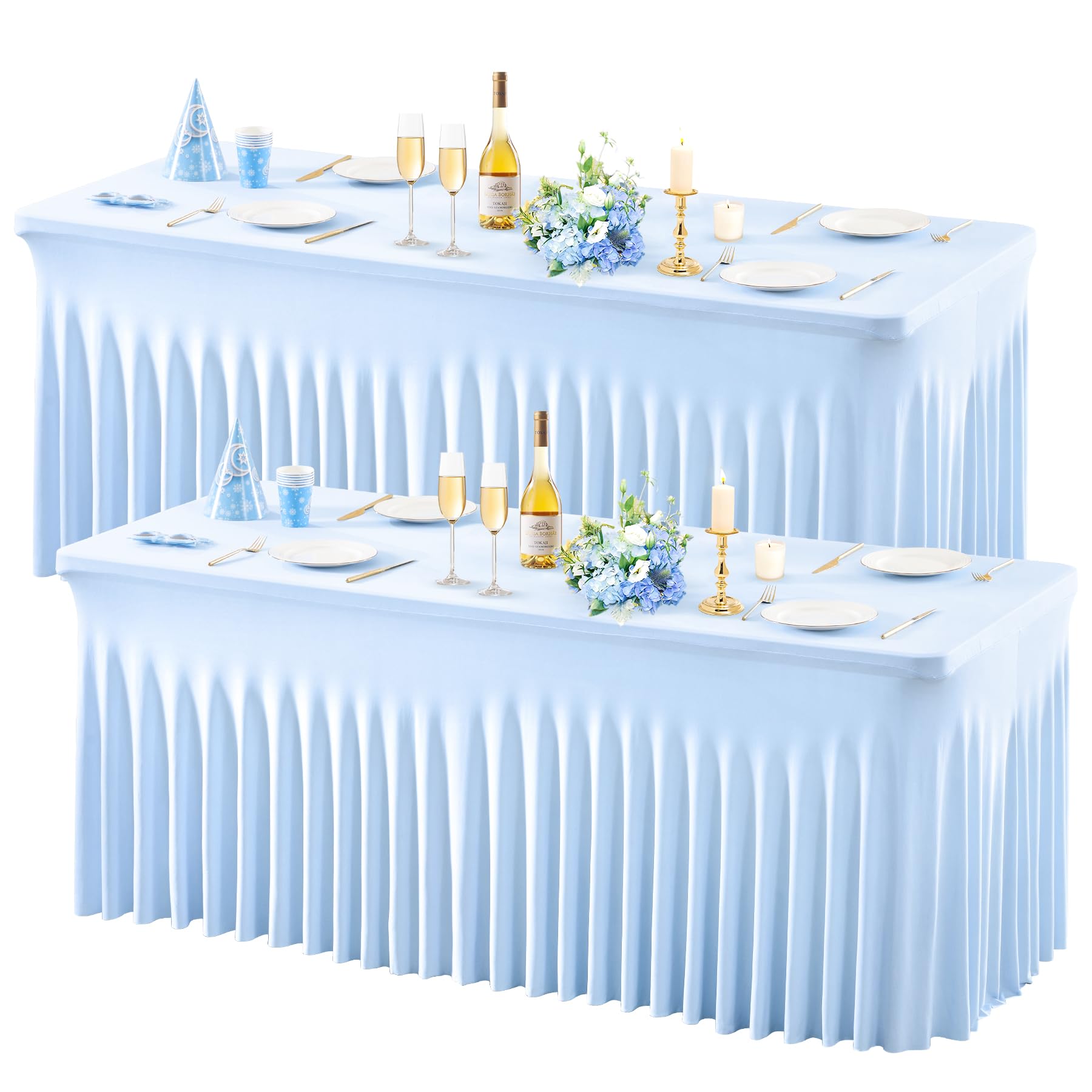 Wish Care 2 Pack Baby Blue Stretch Spandex Table Clothes for 4 Foot Rectangle Tables, 4FT Wrinkle Free Fitted Tablecloths Ruffle