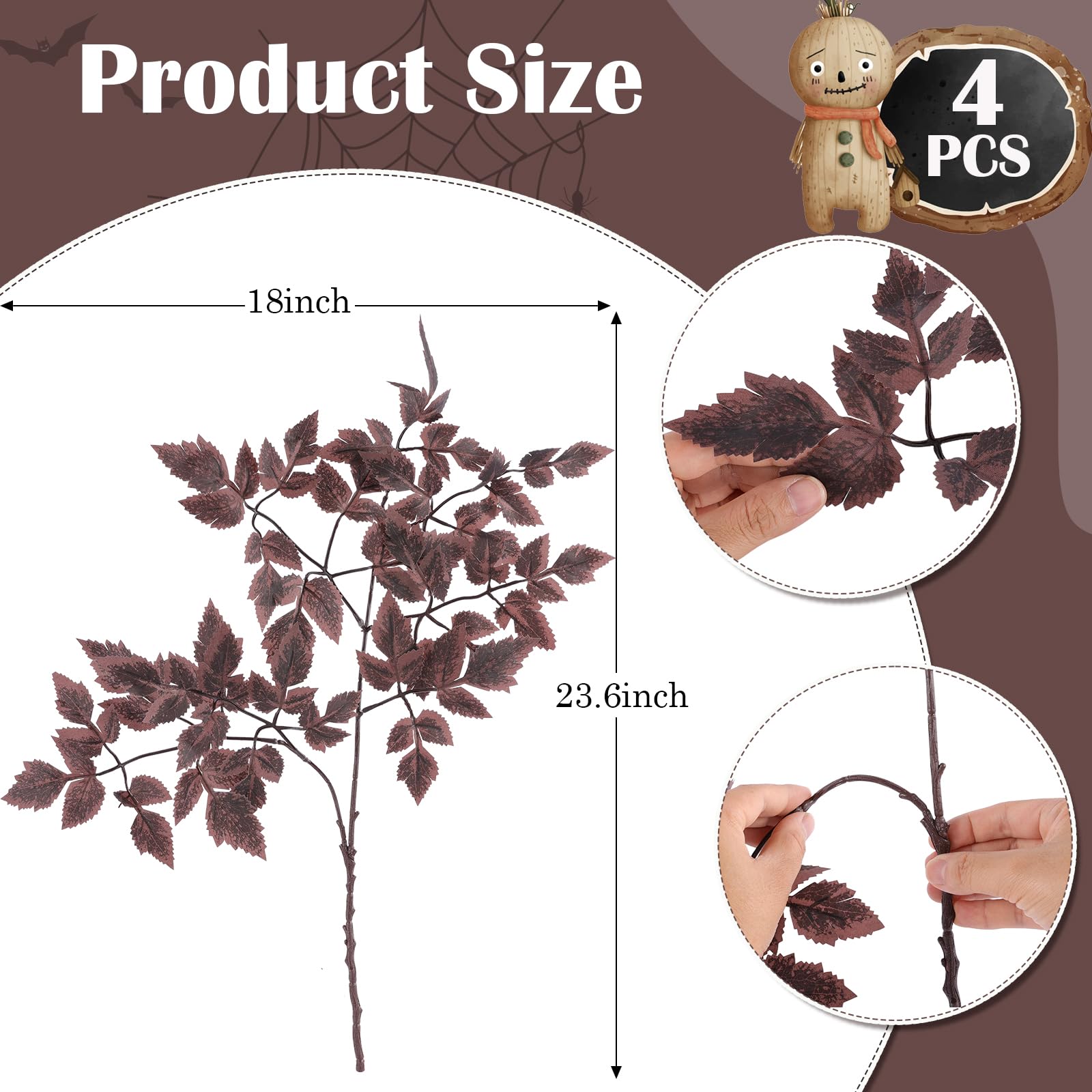 Hananona 4 Pcs Artificial Cimicifuga Leaf Spray, 23 in Faux Burgundy Fall Greenery Branch with Long Stems for Vase, Farmhouse Th
