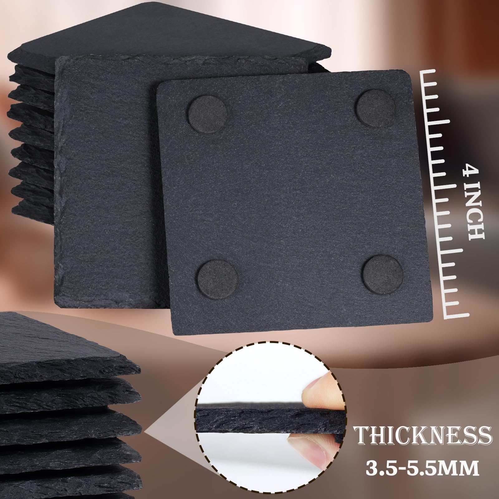 24 Pieces Slate Drink Coasters  GOH DODD 4 Inch Black Stone Coasters Bulk Cup Coaster Set with Anti-Scratch Bottom for Bar Kitchen Home Apartment  Square