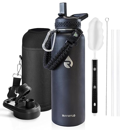 RAYMYLO Insulated Water Bottle 40 oz  Triple Wall Vacuum Stainless Steel (Cold for 48 Hrs)  Leak Proof & BPA-Free  Modern Water Flask Jug with Paracord Handle & Straw Spout Lids  Magic Black