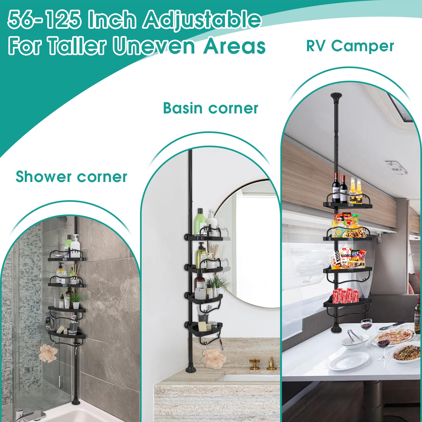 Corner Shower Caddy Tension Pole - 125 Inch Tall Adjustable Inside Shower Organizer 4-Tier Rustproof Bathroom Organizer Shelves