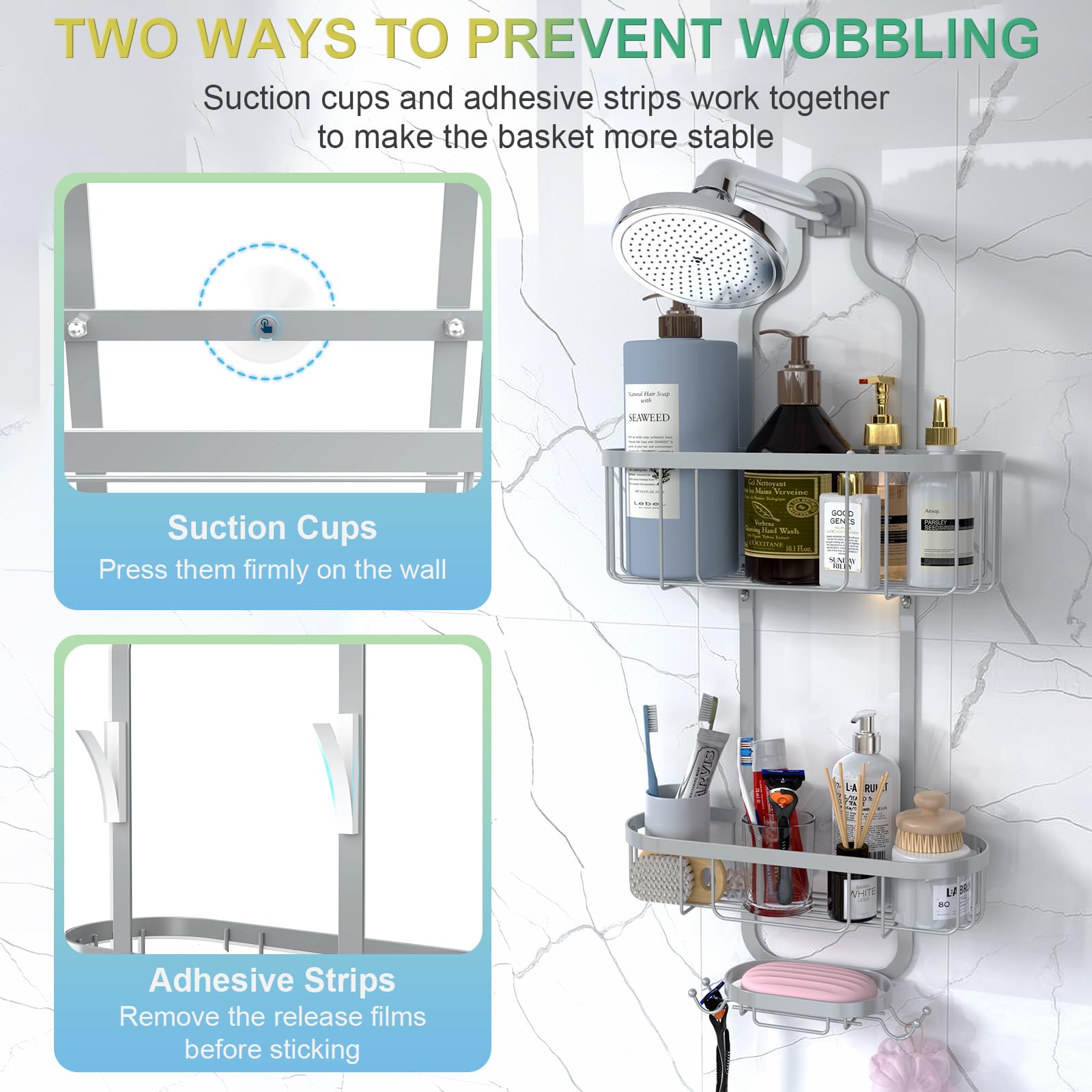 Kadolina Bathroom Hanging Shower Organizer, Over Head Shower Caddy Shower Storage Rack Basket With Hooks For Razor And Sponge Ru
