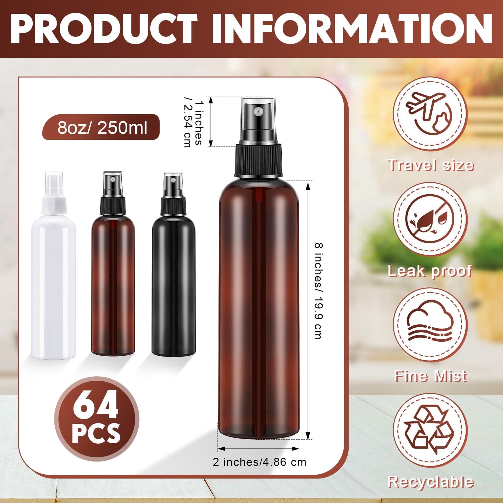 Eccliy 64 Pcs 8 Oz Spray Bottles Fine Mist Cleaning Bottles Clear Empty Plastic Travel Sprayer Refillable Sprayer With Cap For C