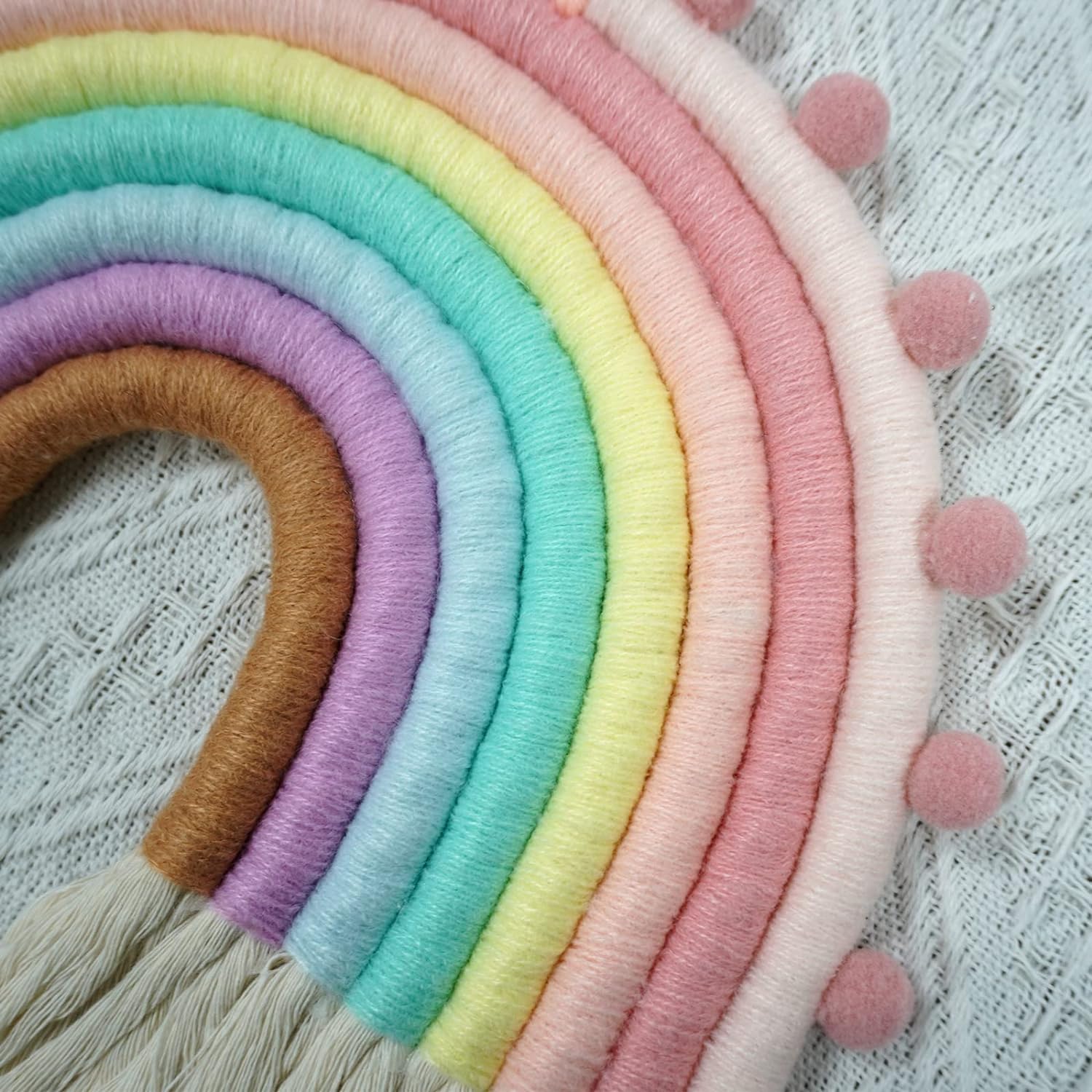 Large Macrame Rainbow Wall Hanging Decor Handmade Pom Pom Garland Rainbow Decor For Kids Room Girls Bedroom Baby Shower Nursery