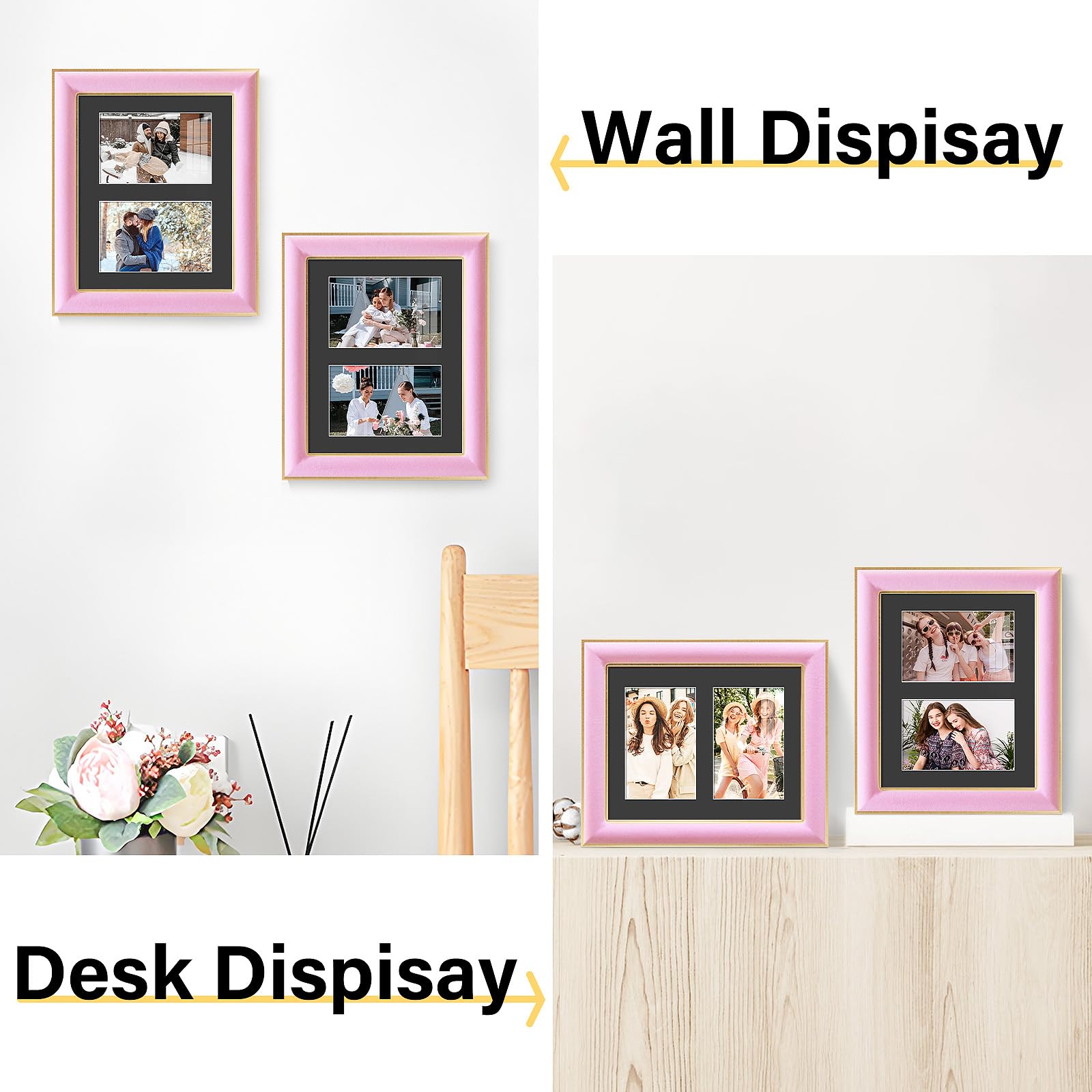 KSROECUD 8x10 Velvet Picture Frame with 2 Opening 4x6 Picture, HD Real Glass Pink Velvet Photo Frame with Black White Border Mat