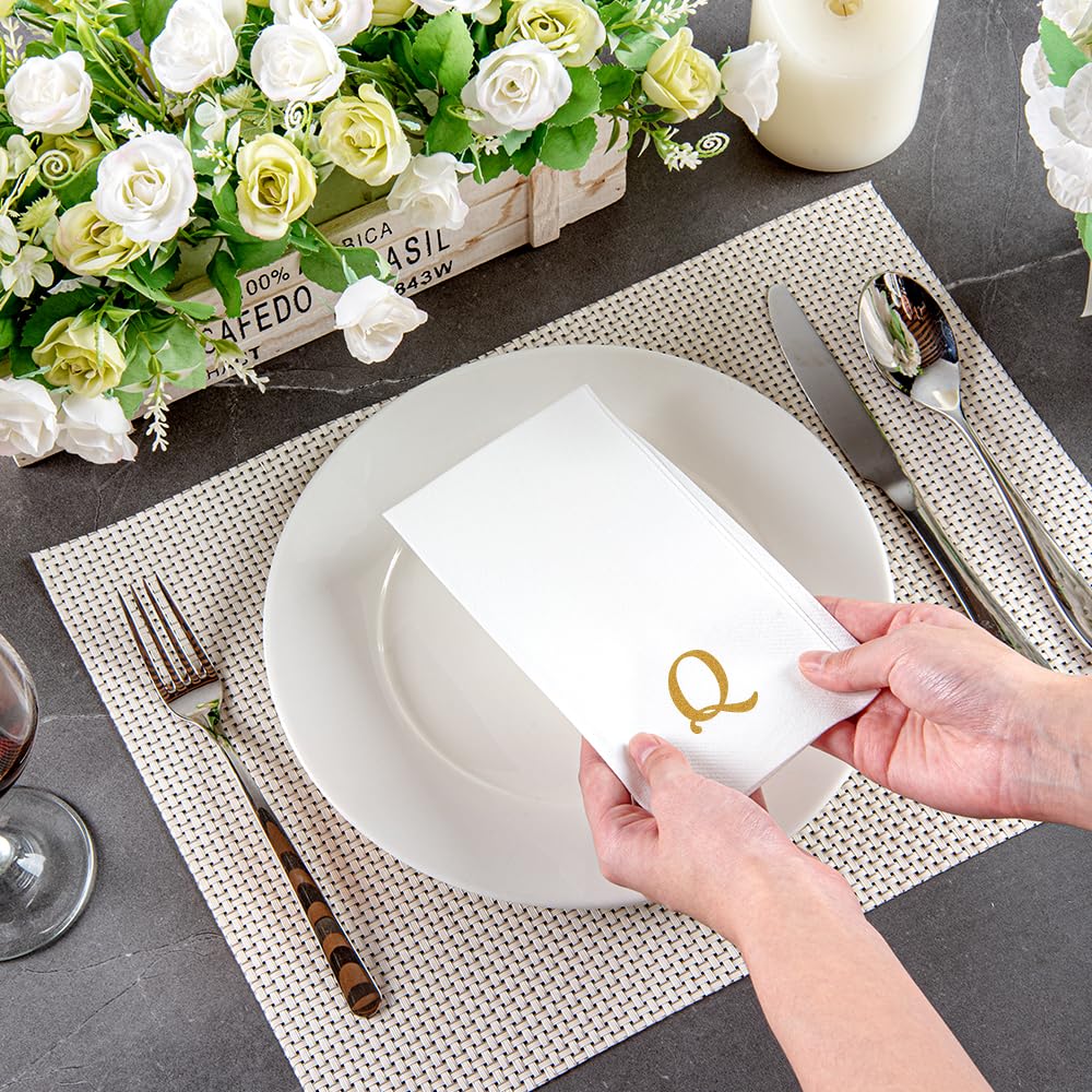 Luxenap 15.8 X 7.9 Inch Linen-Feel Guest Towels, 50 Lettered Hand Towels - Gold Letter 'Q', Cursive Font, White Paper Dinner Nap