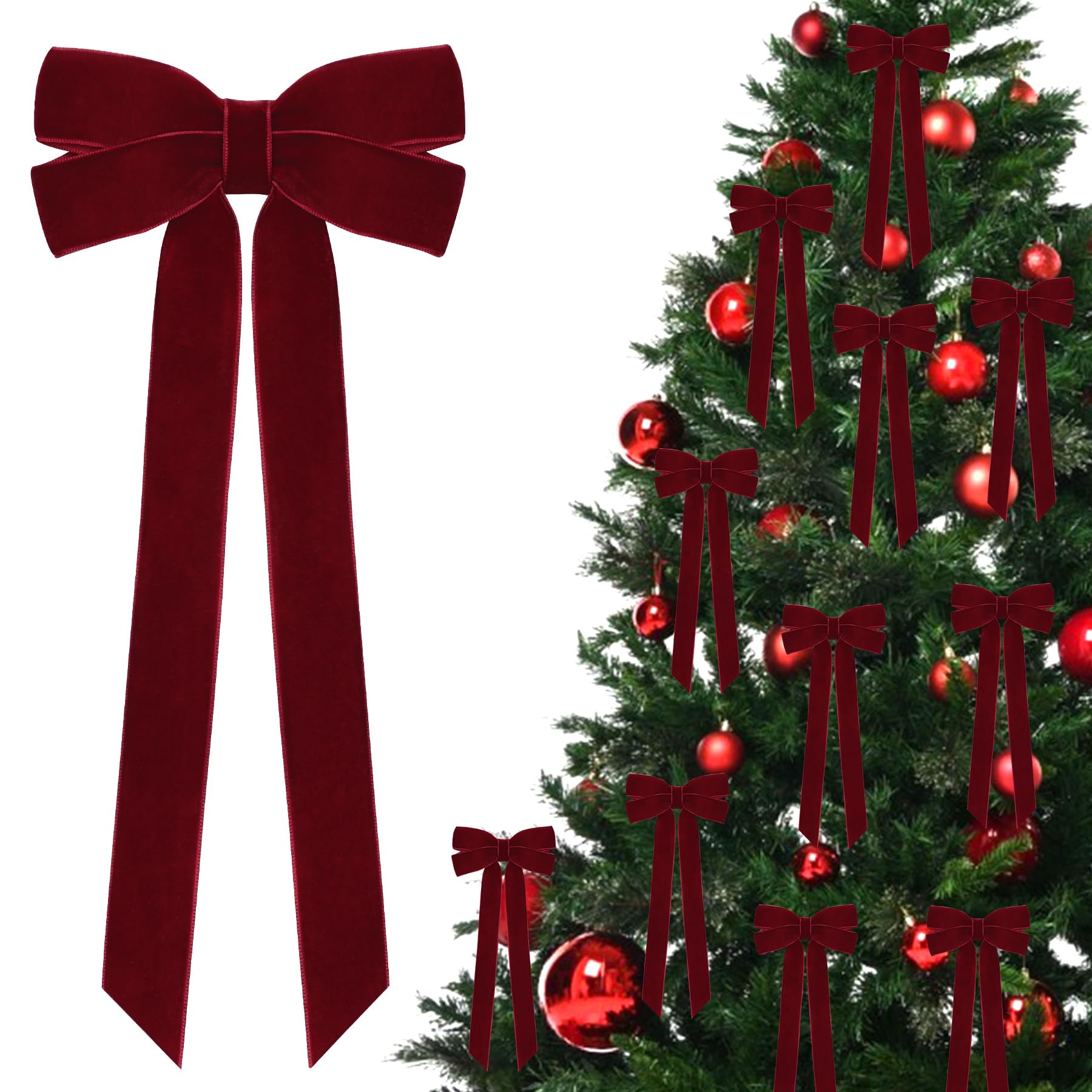 12Pcs Burgundy Velvet Ribbon Bows Christmas Tree Decorations,5in x 10in Xmas Ornaments for Tree Home Party Front Door Wreath Gar