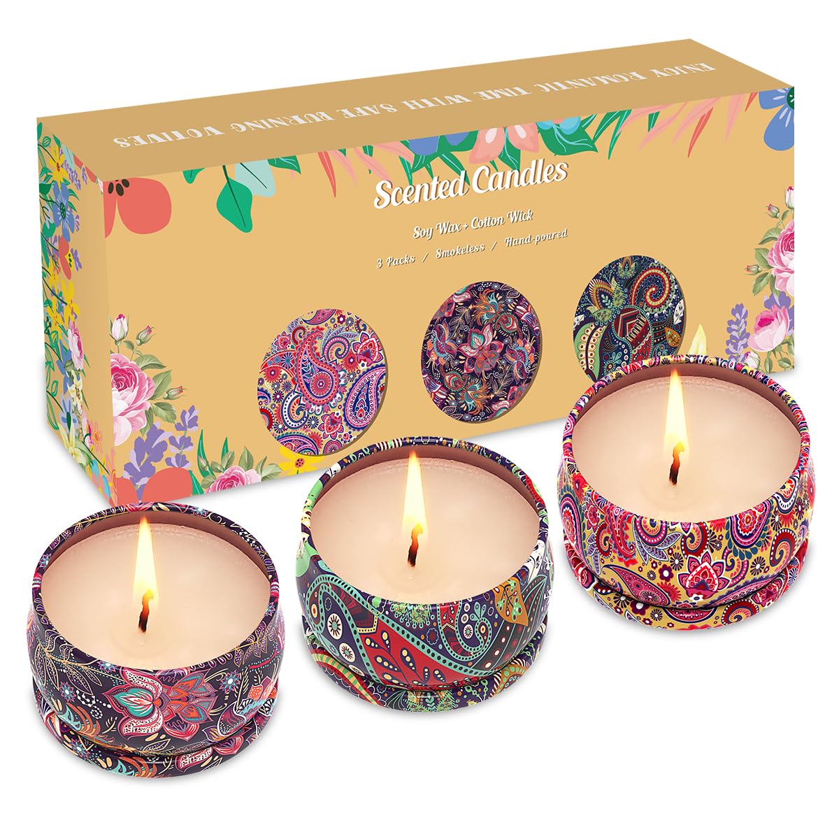 3 Pack Home Scented Candles - Strong Lavender, Vanilla & Rose Candle, 2.5 Oz, 100% Soy, Non-Toxic, Small Candle Set for Aromathe