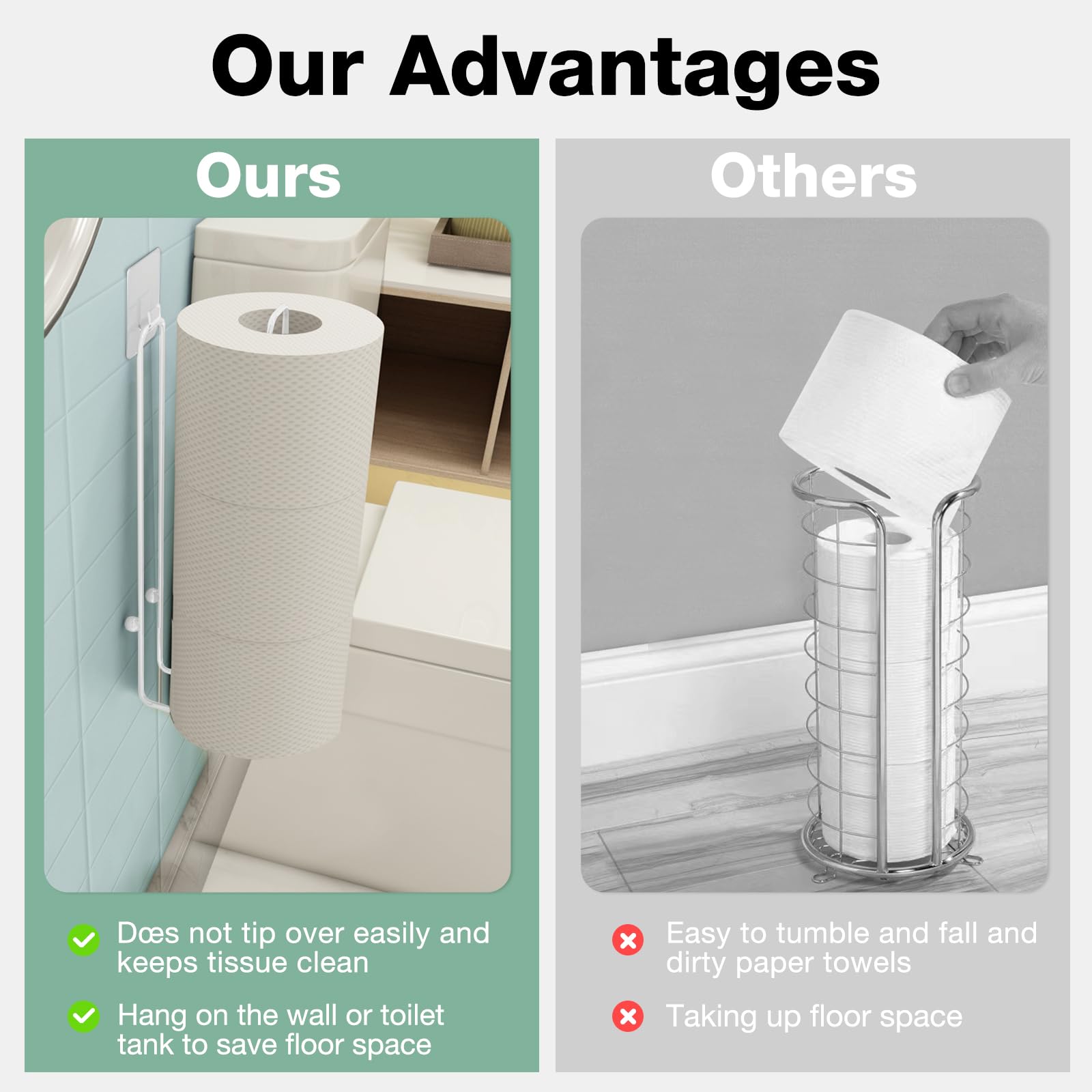 Tokokimo Toilet Paper Holder Wall Mount, Extra Self Adhesive Toilet Paper Storage For 3 Roll Tissue, Over The Tank Toilet Paper