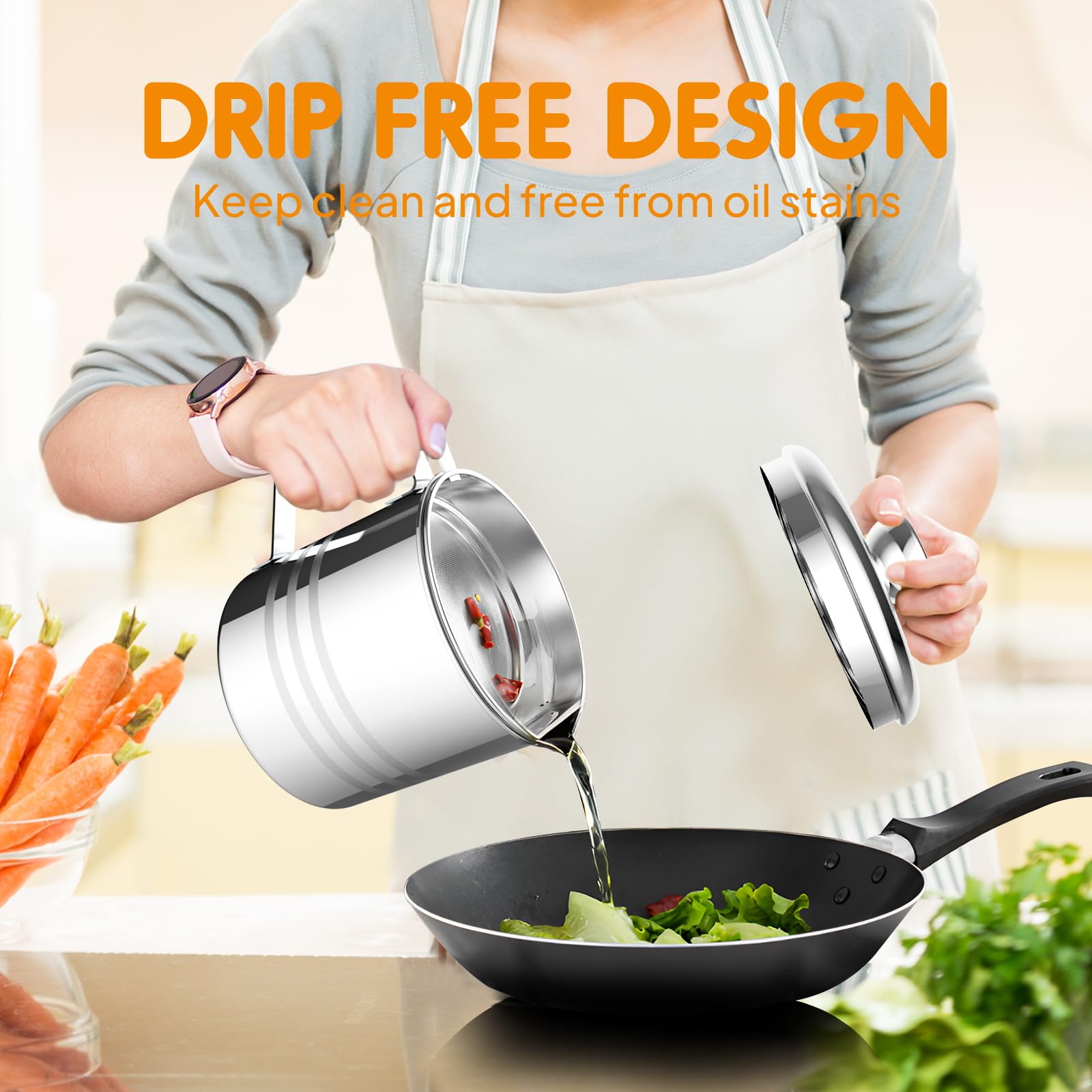 Chihee Grease Container Stainless Steel Bacon Grease Saver With Fine Mesh Strainer 1.2L / 40 Fl Oz Oil Container Grease Can With