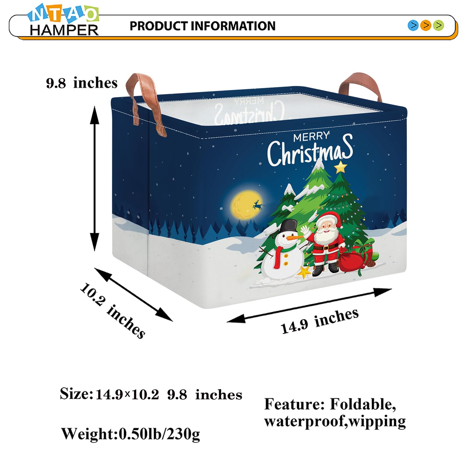 NTAOHAMPER Rectangular Storage Basket Empty,Storage Bin with Handles,Room Decor,Gift Basket,Book Box(Blue Christmas Basket)