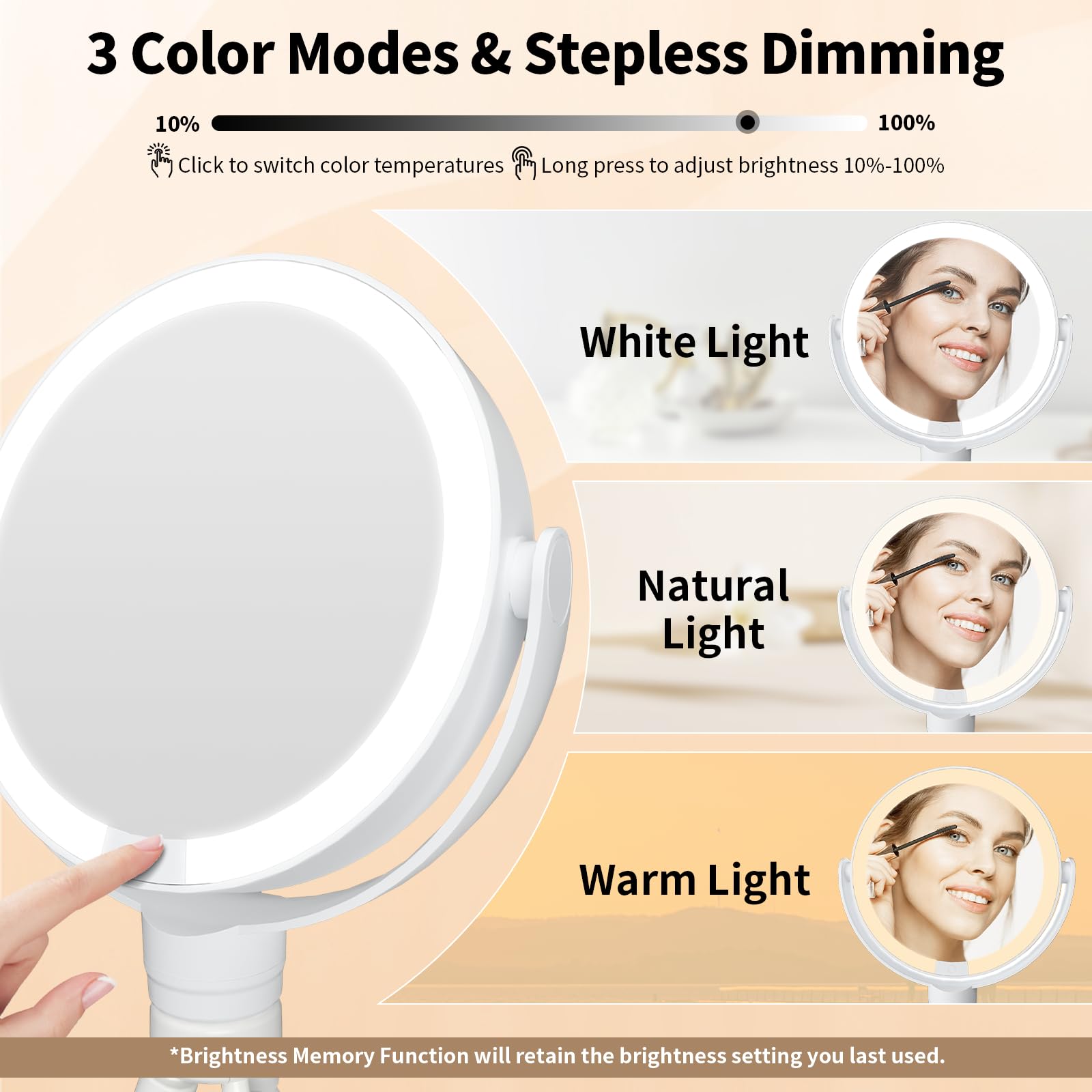 Kintion Lighted Makeup Mirror, 1X/10X Double Sided Led Magnifying Mirror, 3 Color Lights Touch Dimmable Rechargeable Portable Tr