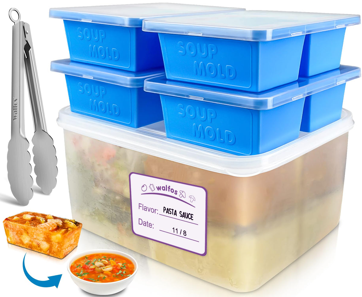 Walfos 1 Cup Silicone Freezer Tray With Lid,Soup Freezer Molds 4 Packs,Bin And Tongs,Bpa Free Silicone Soup Freezer Container,Pe