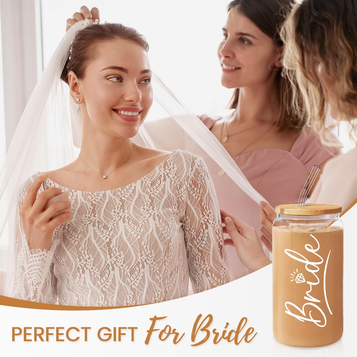SANDJEST Bride Glass Coffee Cup 16 Oz with Bamboo Lid and Straw - Bridal Shower Gift - Engagement Gifts for Women - Bride Gifts