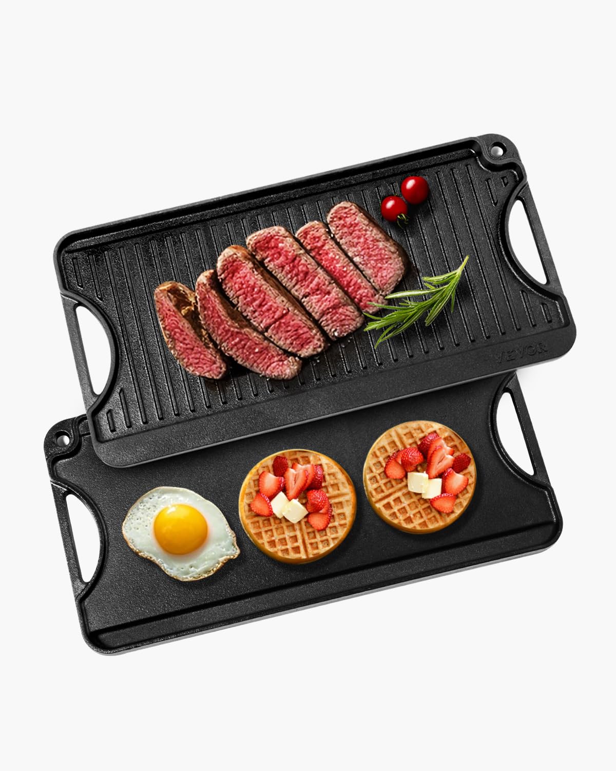VEVOR Reversible Grill/Griddle, 20x10 inch Pre-Seasoned Cast Iron Griddle, Portable Rectangular Pan with Handle, Family Cookware