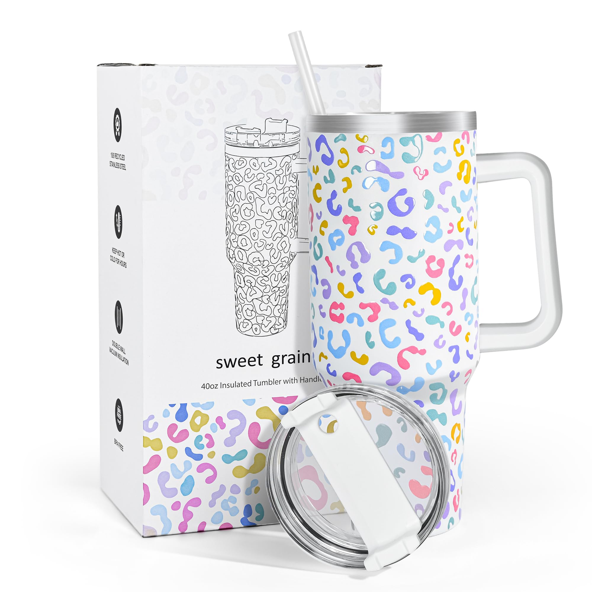sweet grain 40 oz Tumbler with Handle and Straw, Keeps Drinks Cold Up to 24 Hours Leopard Tumbler, Stainless Steel Vacuum Insula