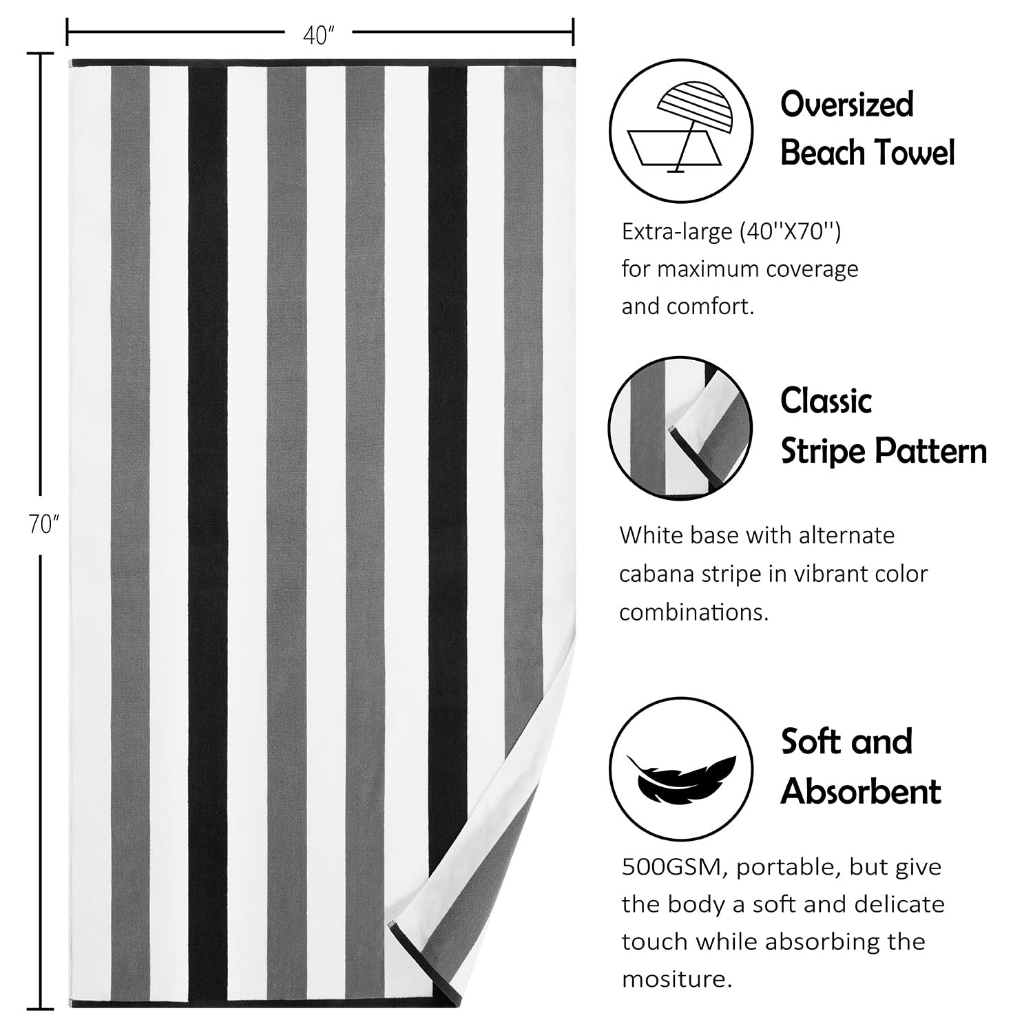 Bornbay Cotton Oversized Beach Towel - Extra Large 40''X70'' Plush Thick Mens Beach Towel, Xl Fluffy Stripe Pool Towels Charcoal