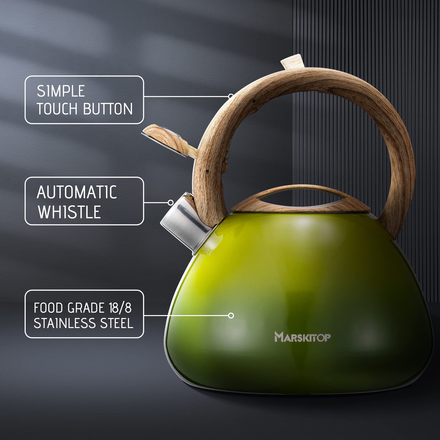 Marskitop Whistling Tea Kettle For Stove Top, 2.6 Quart Teapot For Stovetop, Stainless Steel Tea Pot For Stove With Wood Pattern