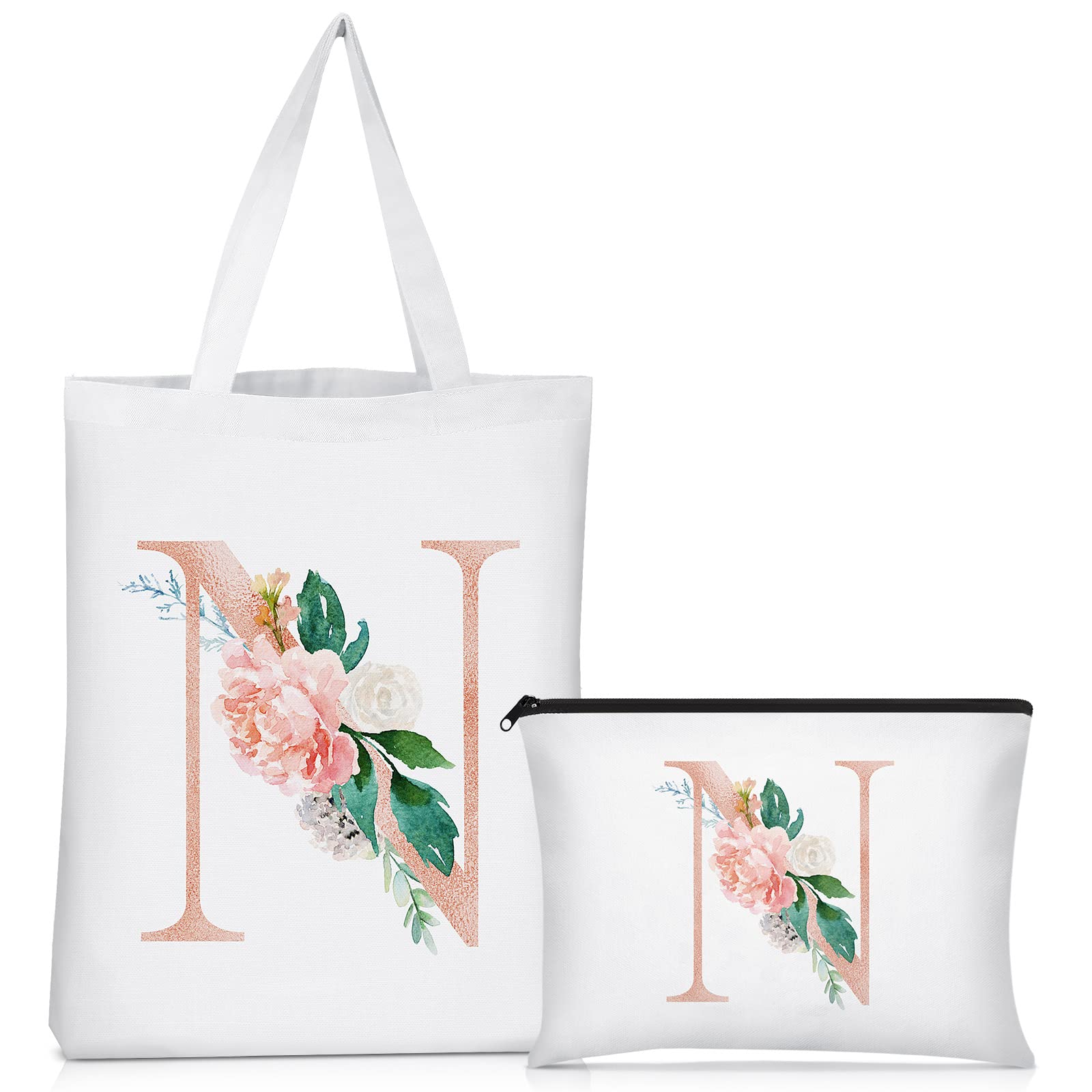 Sanwuta 2 Pcs Initial Canvas Tote Bags Floral Letter Travel Cosmetic Bags Personalized Beach Bags Monogrammed Bags Portable Make