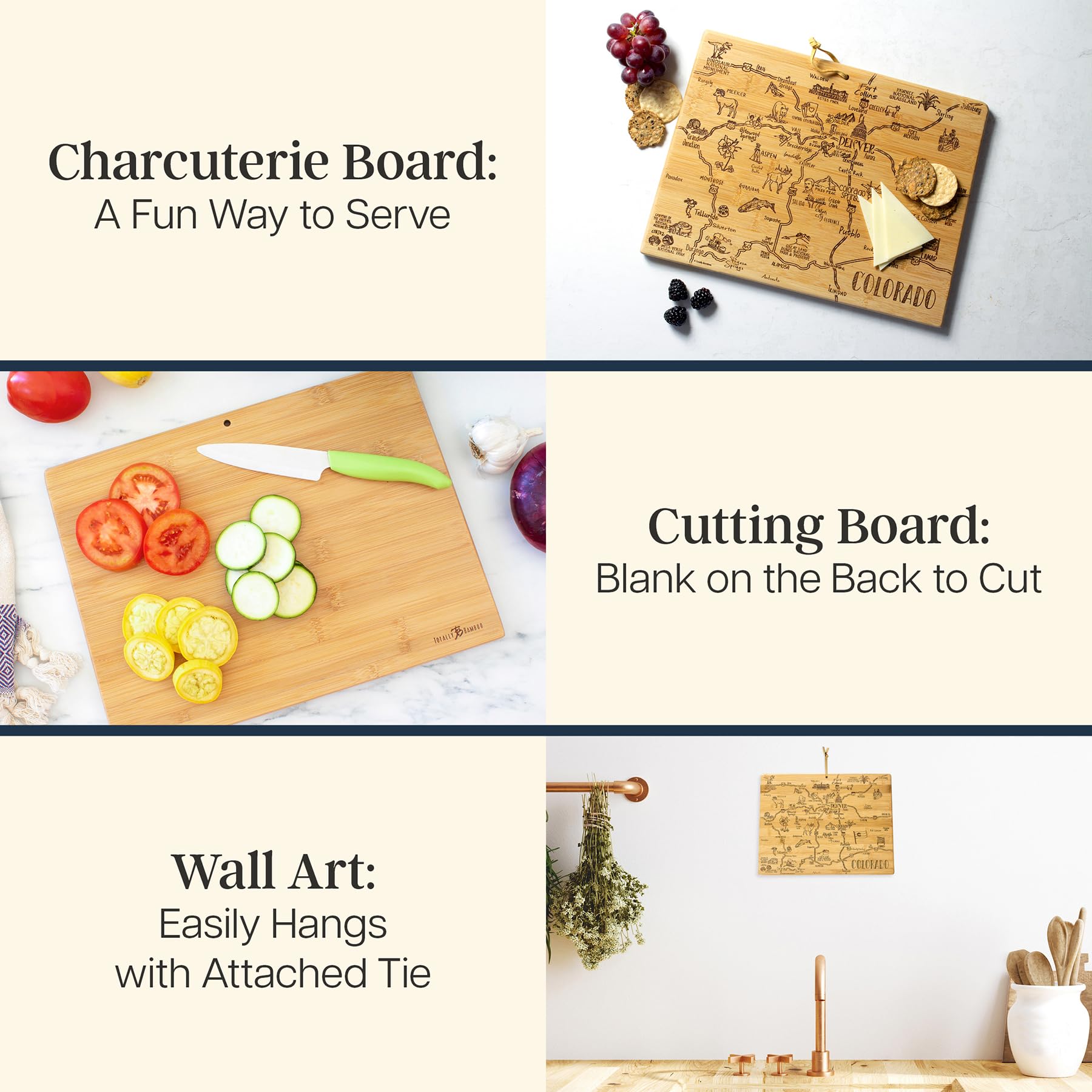 Totally Bamboo Destination Colorado State Shaped Cutting Board, Charcuterie and Cheese Serving Board - Colorado Gift for Home D
