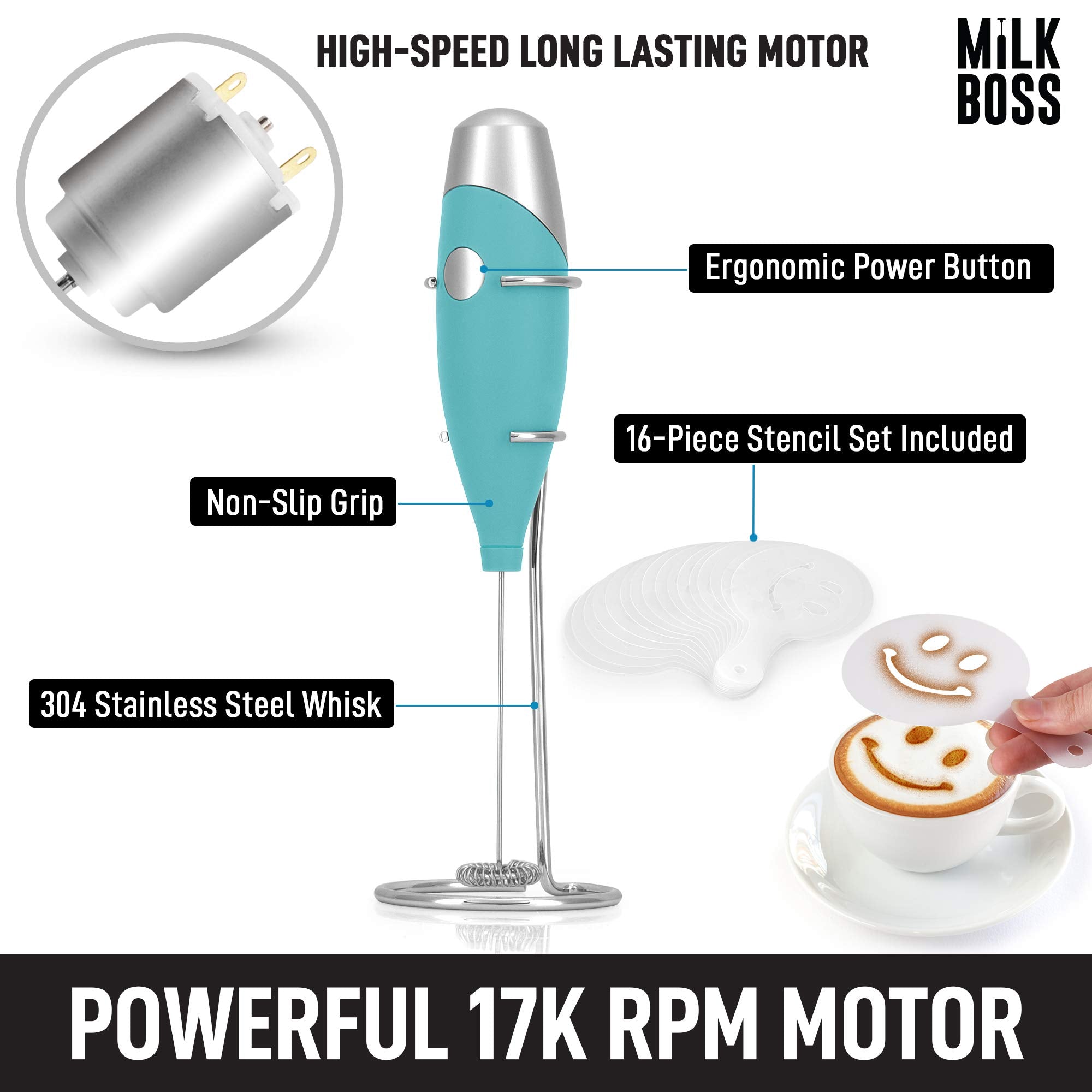 Milk Boss Mighty Milk Frother Handheld Whisk Mixer - Coffee Frother Electric Handheld Foam Maker & Frother For Coffee - Portable Electric Whisk With 16-Piece Stencils For Lattes  Matcha (Smooth Teal)?