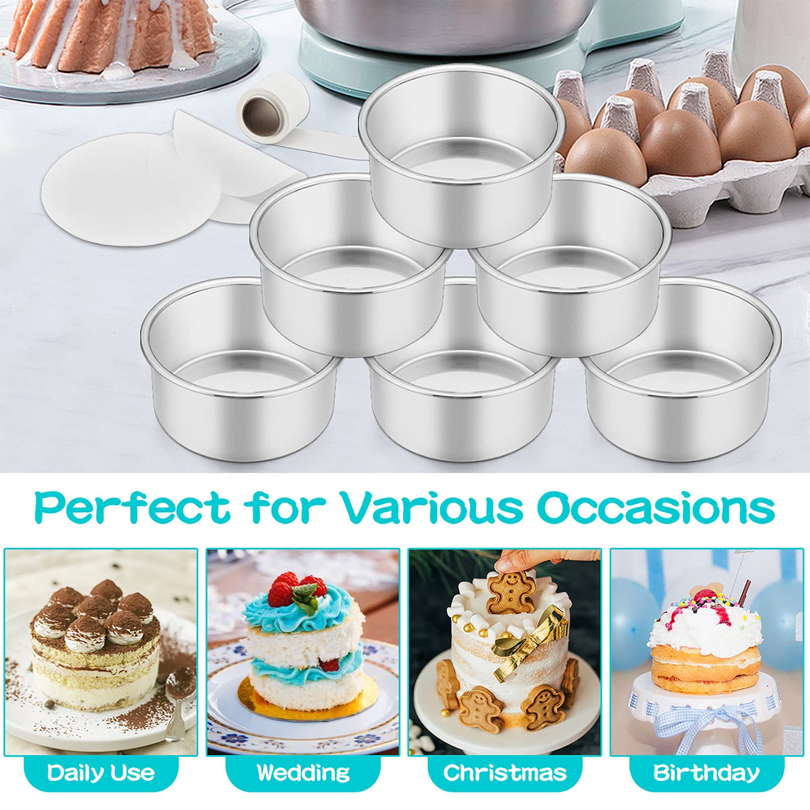 Teamfar 4 Inch Cake Pans, 6 Pcs Stainless Steel Small Round Cake Pan With Side Liner Roll, Non-Toxic & Sturdy, Non-Stick & Heat-