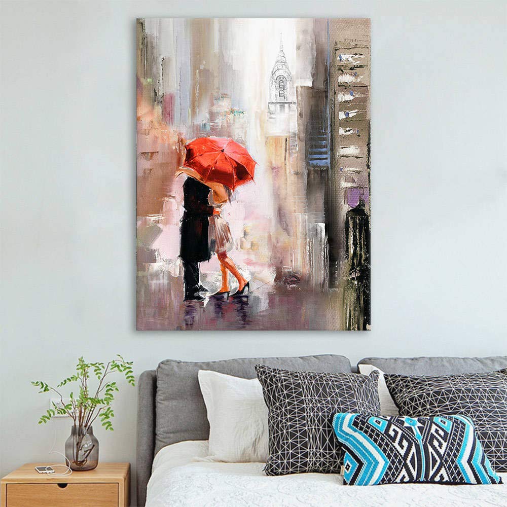 Canvas Wall Art Modern New York Cityscape Large Romantic Canvas Painting Art Wall Decor Lovers Under Red Umbrella Street Scenery