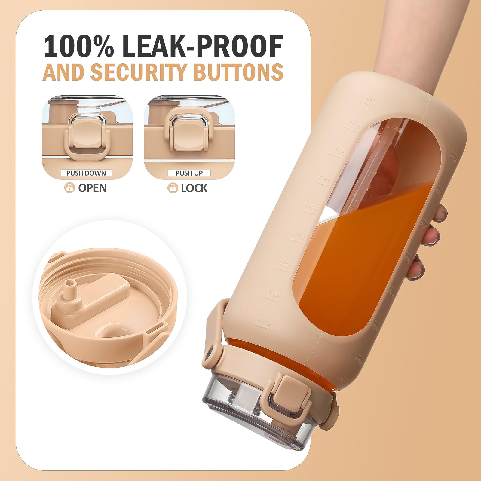 BLUEGO 64oz Glass Water Bottles with Straw Time Marker Half Gallon Large Motivational Water Bottle with Silicone Sleeve Big Glass Water Jug Bottle for Gym  Sports  Workout  Amber