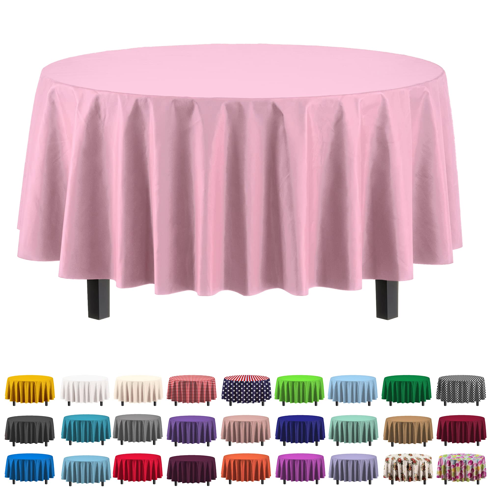 Exquisite 6-Pack Premium Plastic Tablecloth 84In. Round Plastic Table Cover - Pink