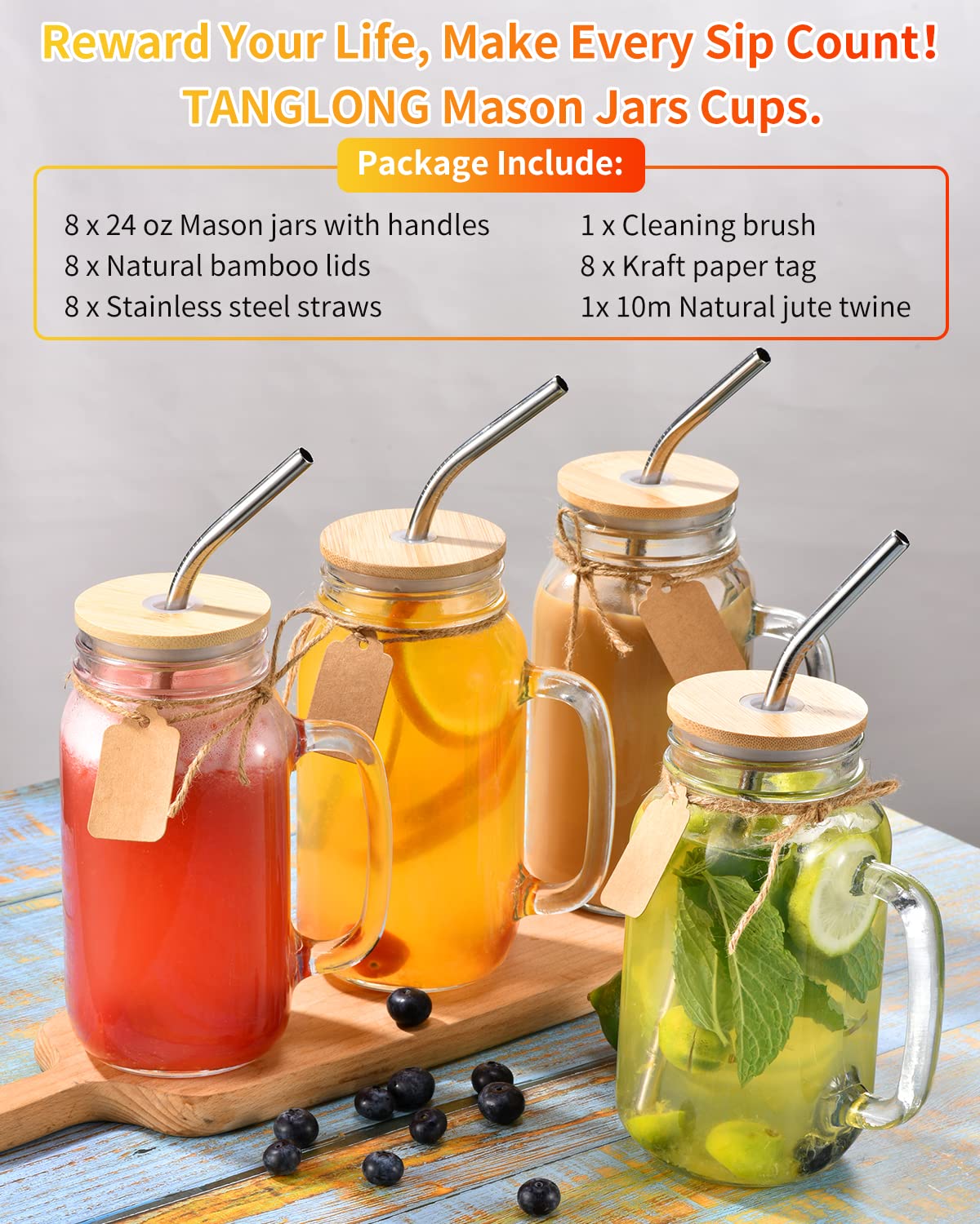 Tanglong Mason Jar With Lid And Straw 24 Oz Mason Jar Cups Set Of 8 Glass Cups With Lids And Straws Mason Jars With Handle Drink