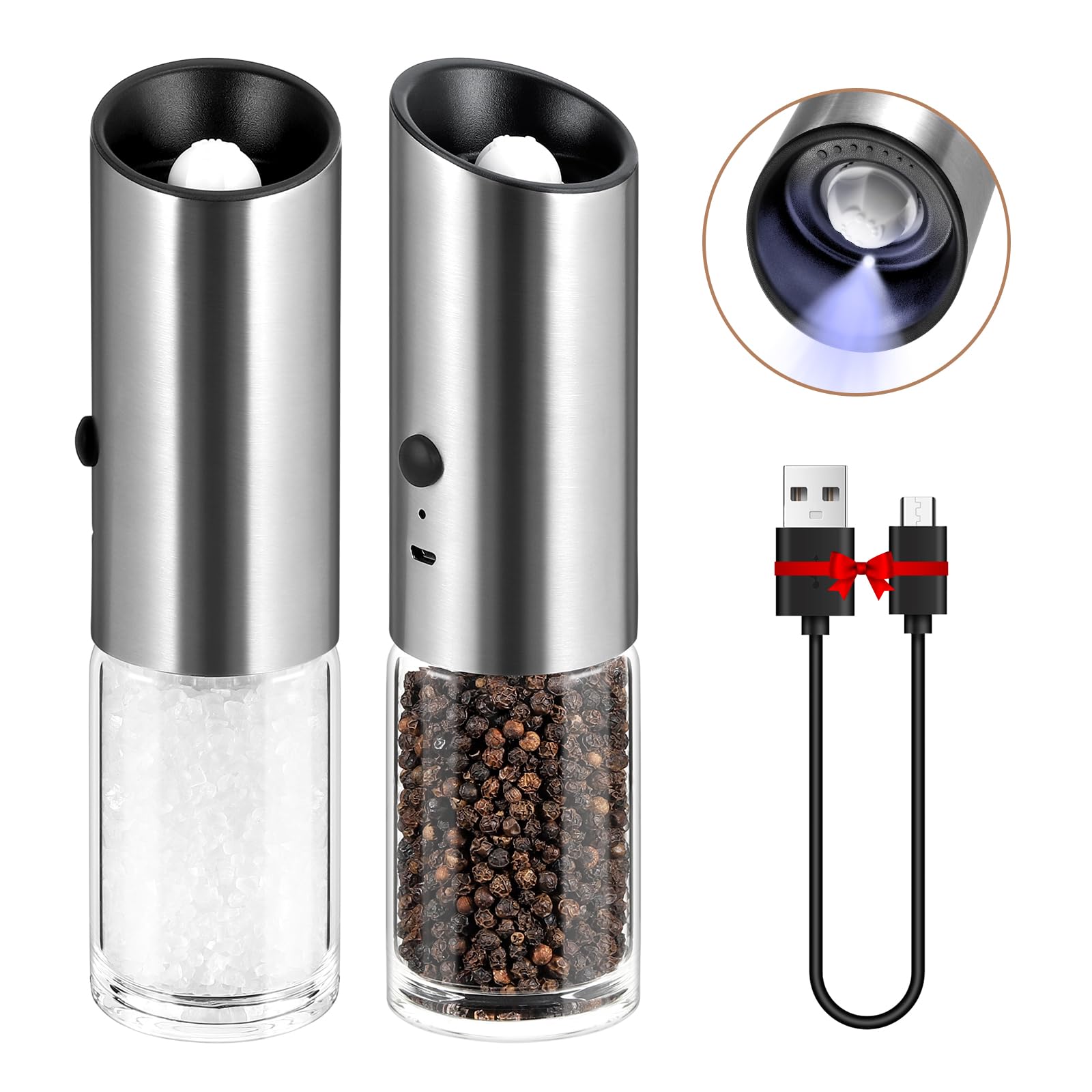 Vevok Chef Electric Salt And Pepper Grinder Set Rechargeable With Led Light Usb Automatic Gravity Stainless Steel Pepper Mill Sp
