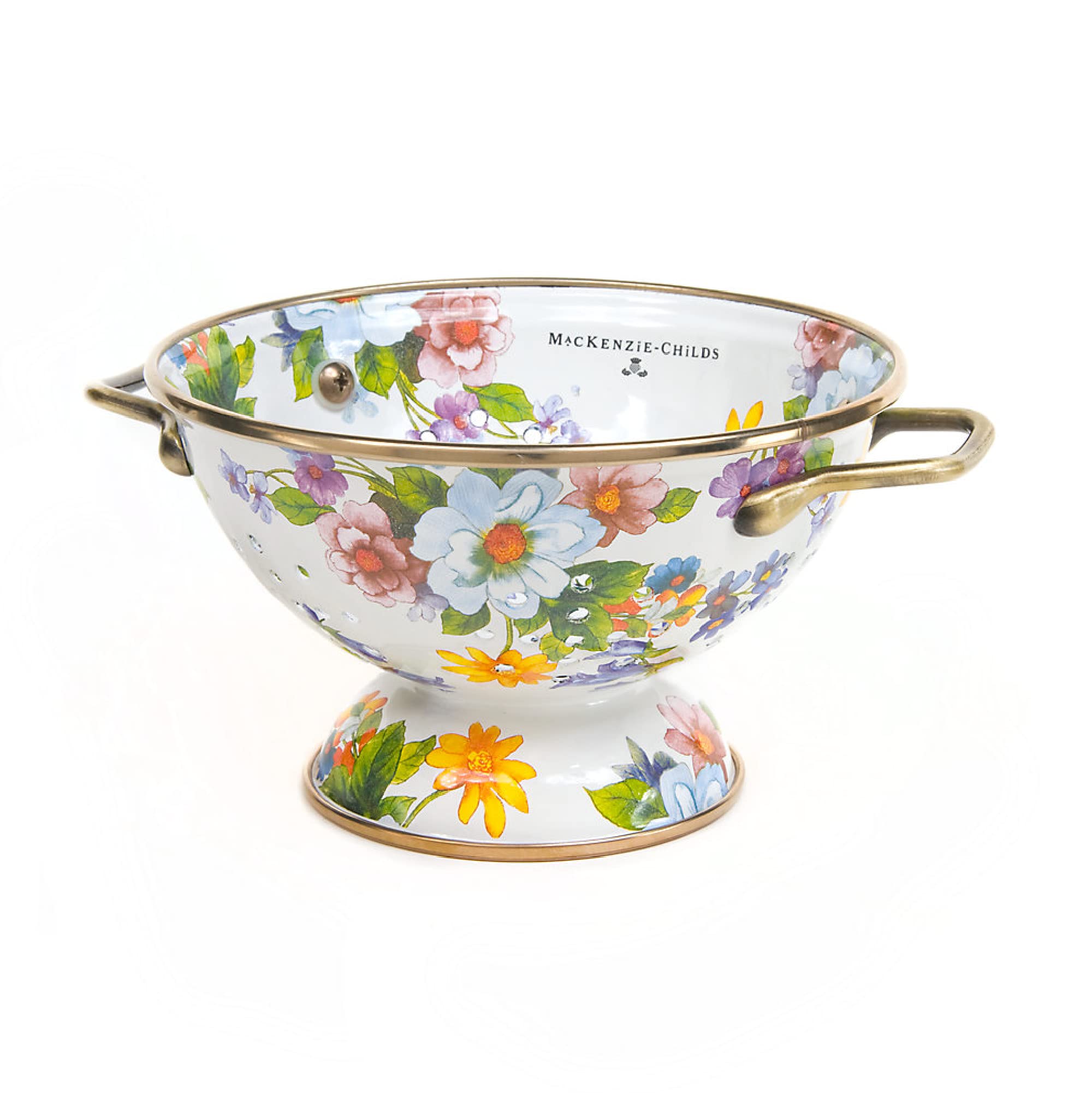 Mackenzie-Childs Enamel Colander, Decorative Kitchen Strainer, Cute Enamel Cookware, Small, White Flower Market