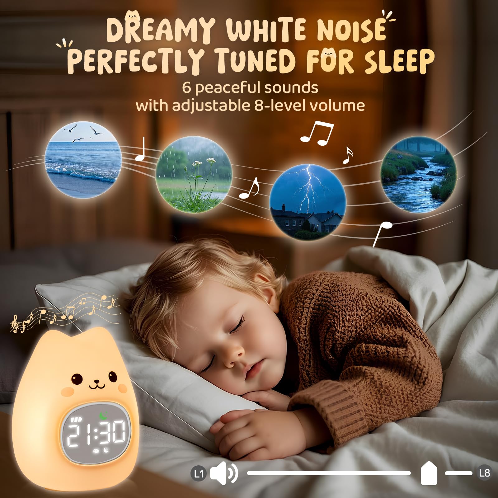 Aokpsrt Cat Alarm Clock with Night Light for Kids with Sleep Training and Sound Machine, Rechargeable Silicone Lamp OK to Wake C