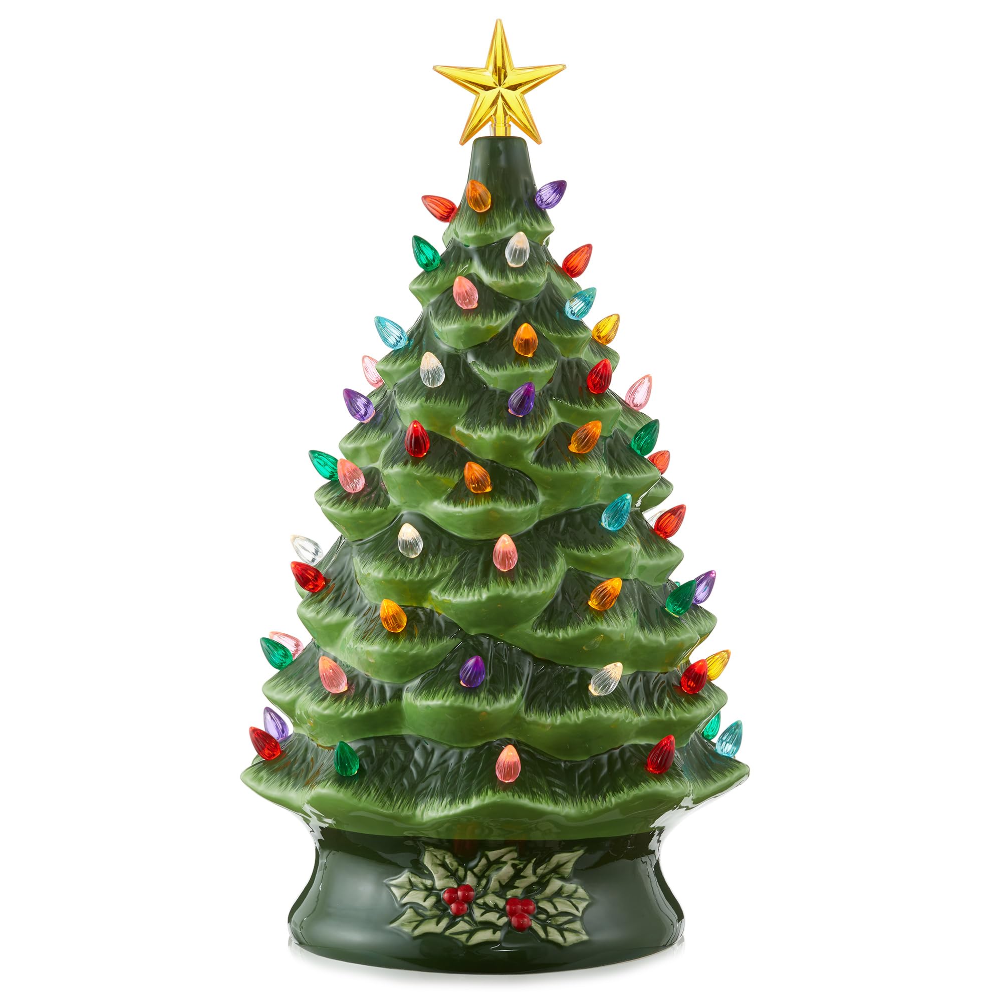 Casafield Hand Painted Ceramic Christmas Tree, Green 24-Inch Pre-Lit Tree with 148 Multi Color Lights and 2 Star Toppers